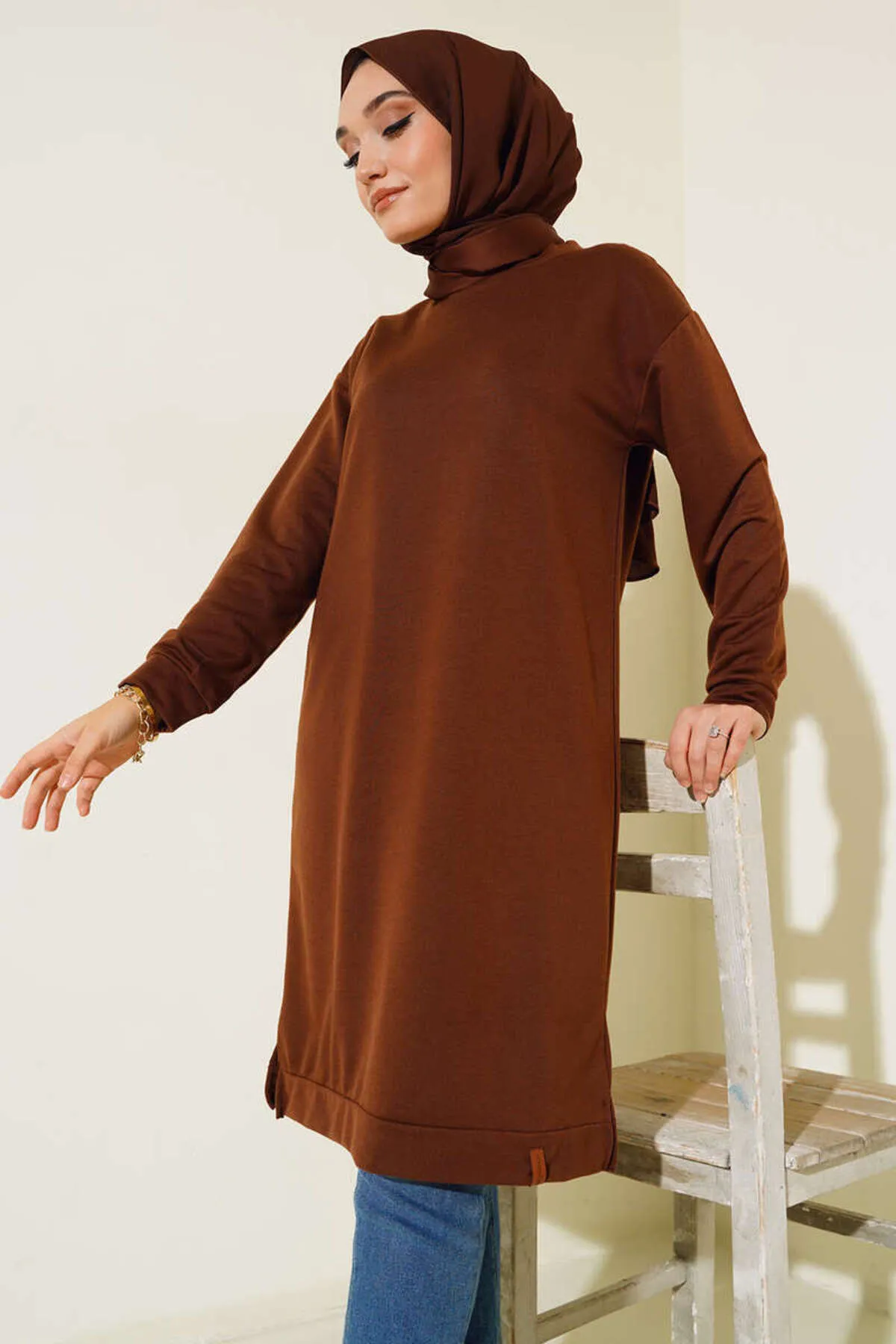 benguen  1983 Basic Lange Tunika mit Seitenschlitzen Braun