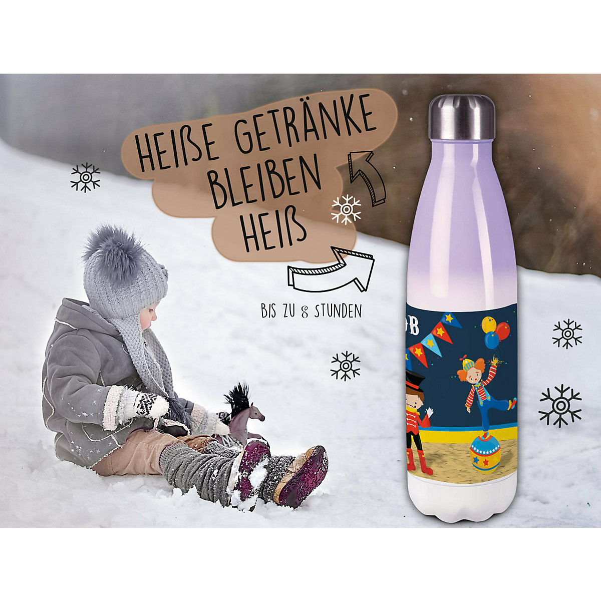 Edelstahl Kinder Thermoflasche / Trinkflasche bunt Circus Spülmaschinenfest, Auslaufsicher, Bruchfest, Doppelwandig, Für Heißgetränke geeignet, Mit Deckel, Isoliert