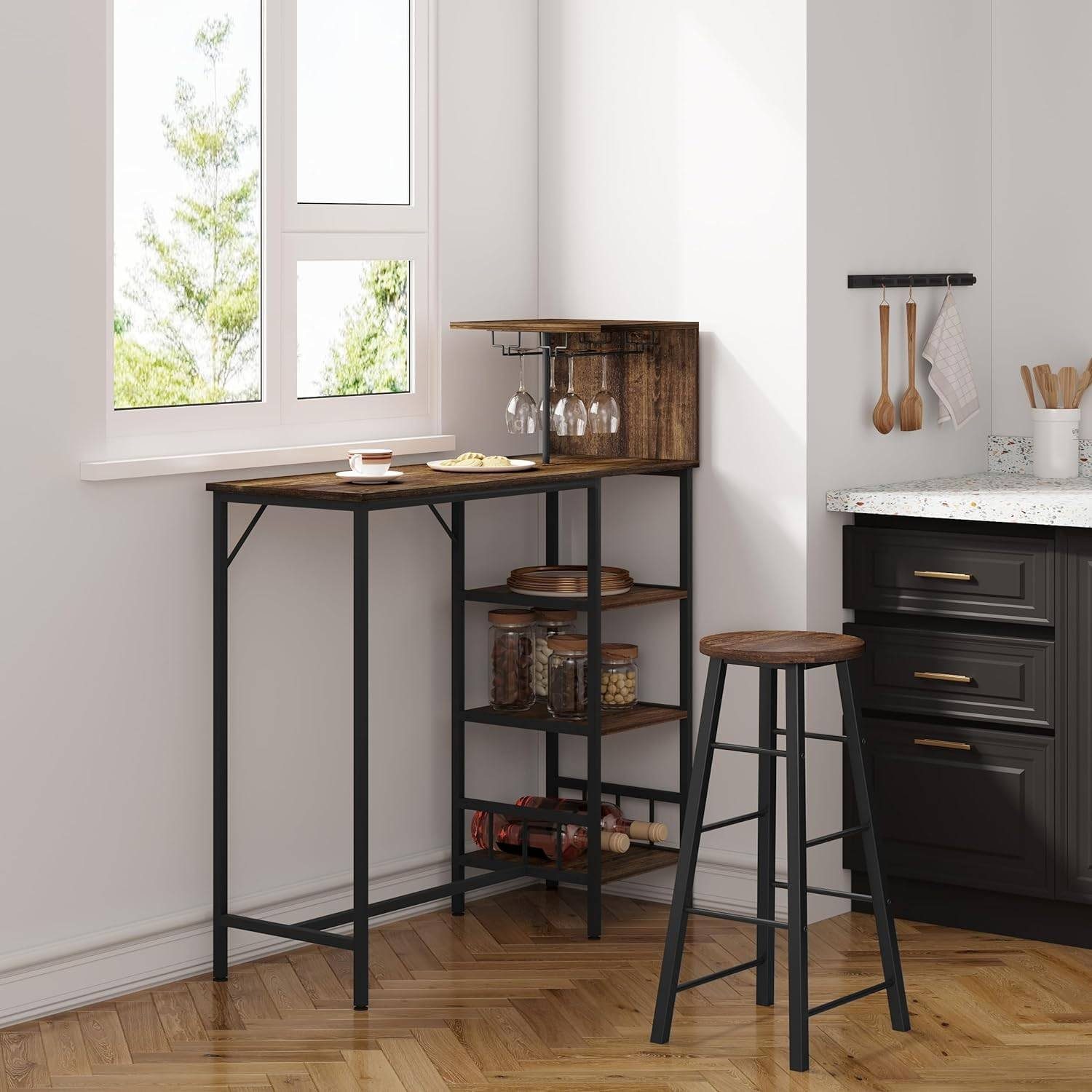 Woltu Bartisch (1 Tisch mit 2 Hocker), mit 3 Ablagen Weinregal Glashalter