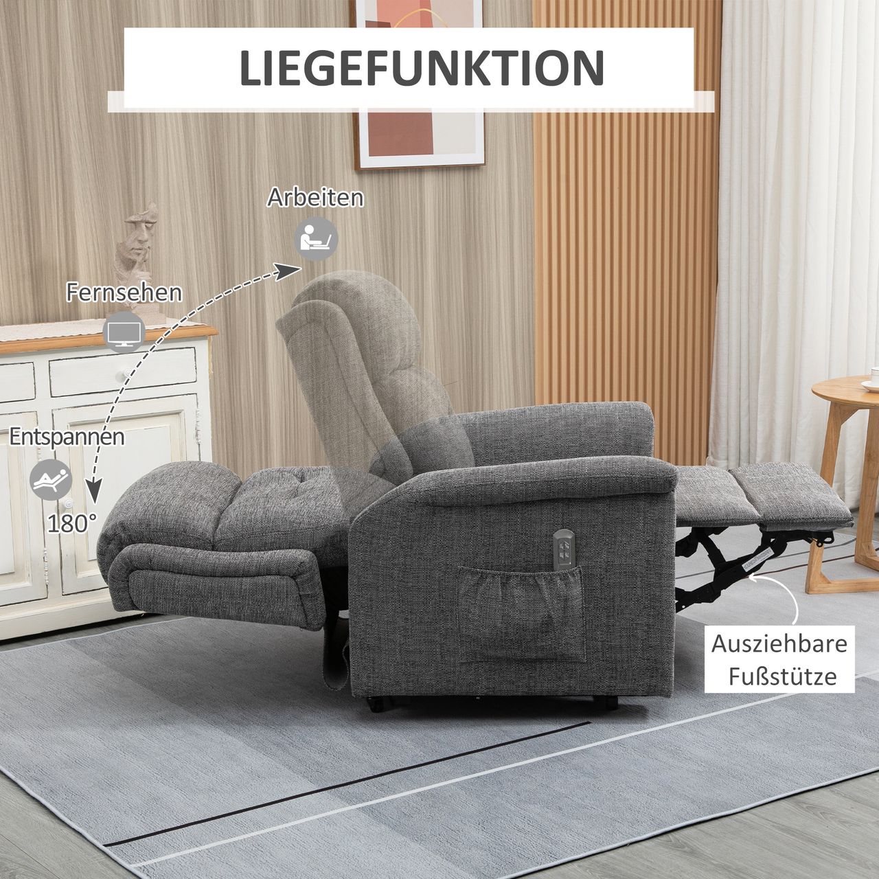 HOMCOM Elektrischer Aufstehsessel mit 2 Motoren Fernsehsessel Relaxsessel mit Liegefunktion Sessel mit Aufstehhilfe Seniorensessel mit Fernsteuerung mit Leinen-Optik Grau 89 x 96 x 108 cm
