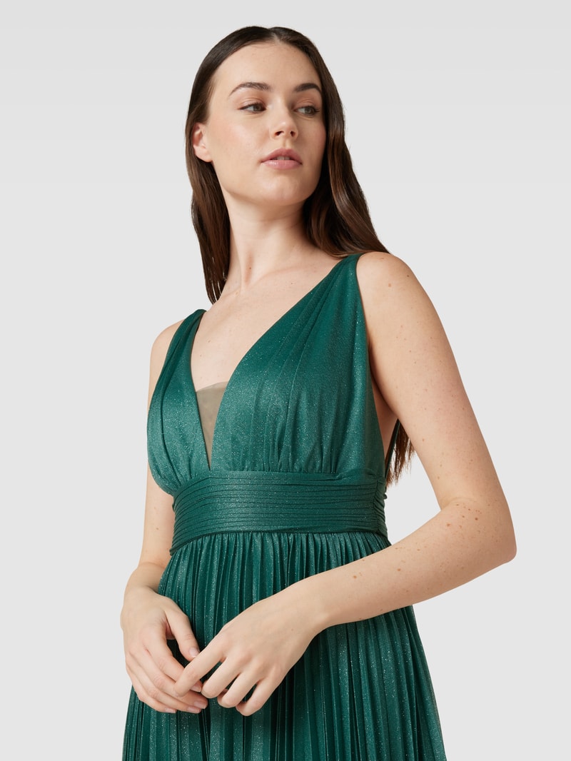 Abendkleid mit Plisseefalten in olivgrün meliert