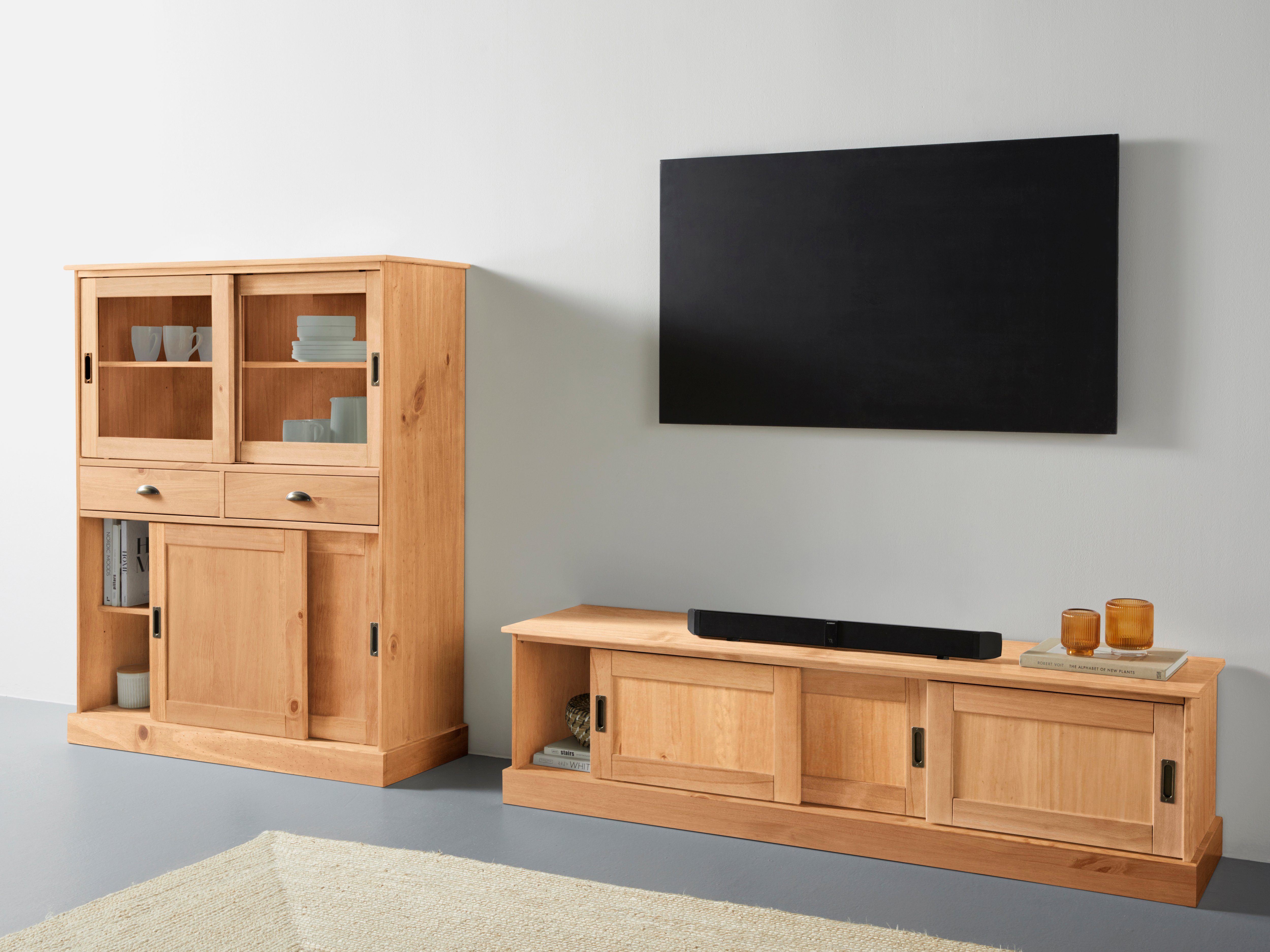 Home affaire Highboard Schröder, mit 2 Glas- u. 2 Holztüren, 2 Schubkasten, aus massivem Kiefernholz