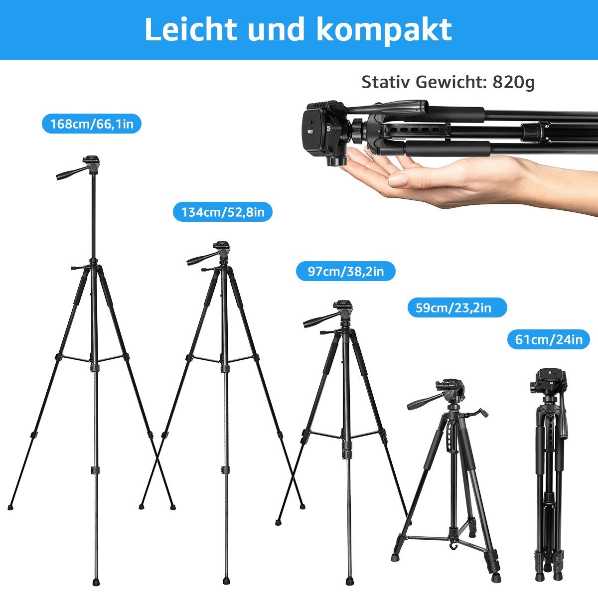 7Magic Neues Kamera Handy Stativ, 168cm Aluminium Leichte Dreibeinstativ Dreibeinstativ (Tragbares Smartphone Stativ Fotostativ)
