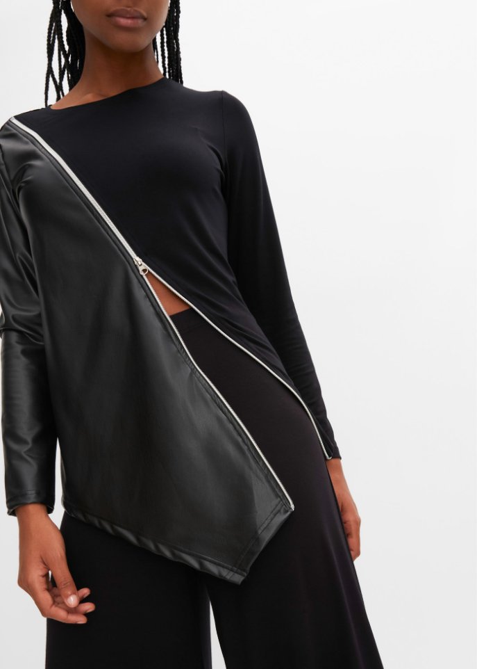 Asymmetrisches Langarmshirt mit Lederimitateinsatz
