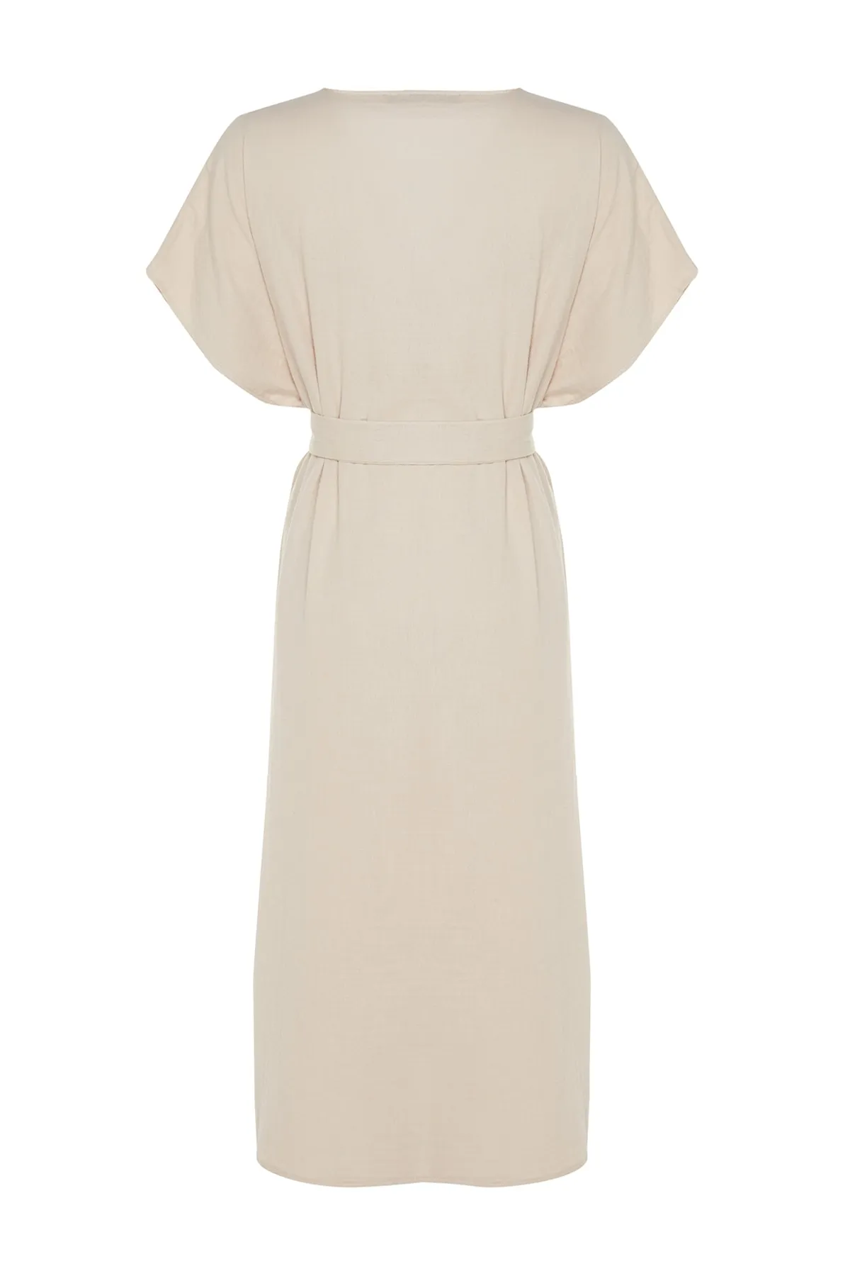 Trendyol Collection  Beigefarbener Maxi-Kimono und Kaftan aus gewebtem Musselin mit Gürtel und Schlitz aus 100 % Baumwolle TBESS23KM00019