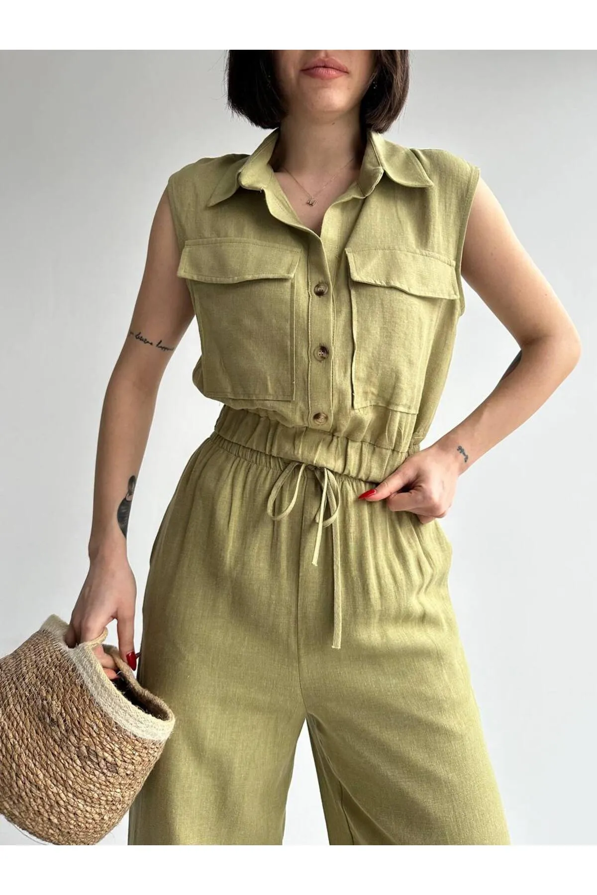 Laluvia  Khakifarbenes, elastisches Weste-Hose-Leinenset aus 100 % Baumwolle