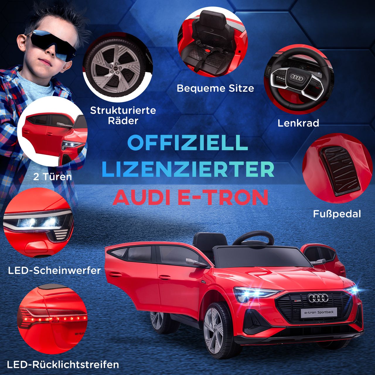 HOMCOM Kinder Elektroauto mit Fernbedienung, Musik, bis 5 km/h, Rot