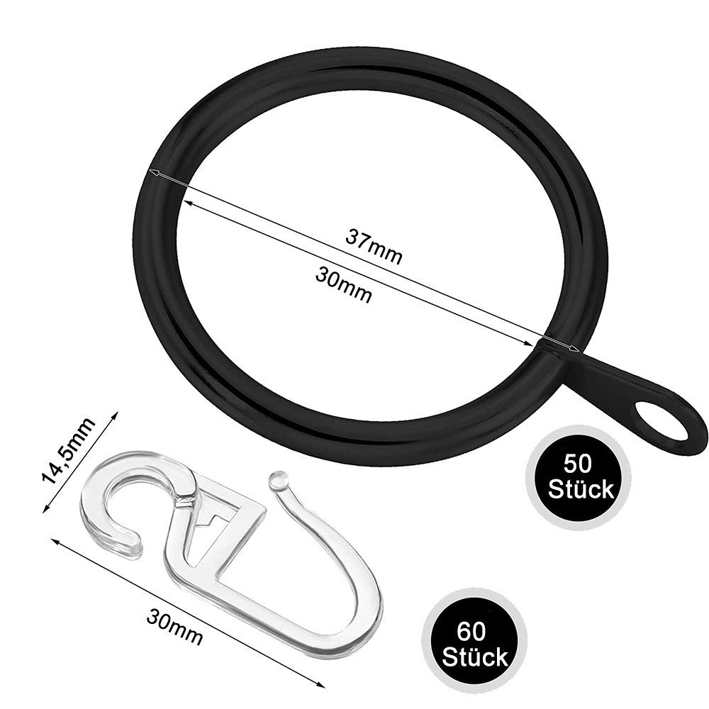 Gardinenring 50 Stück Metall Vorhangringe und 60 Kunststoff Gardinenhaken, 30mm, zggzerg