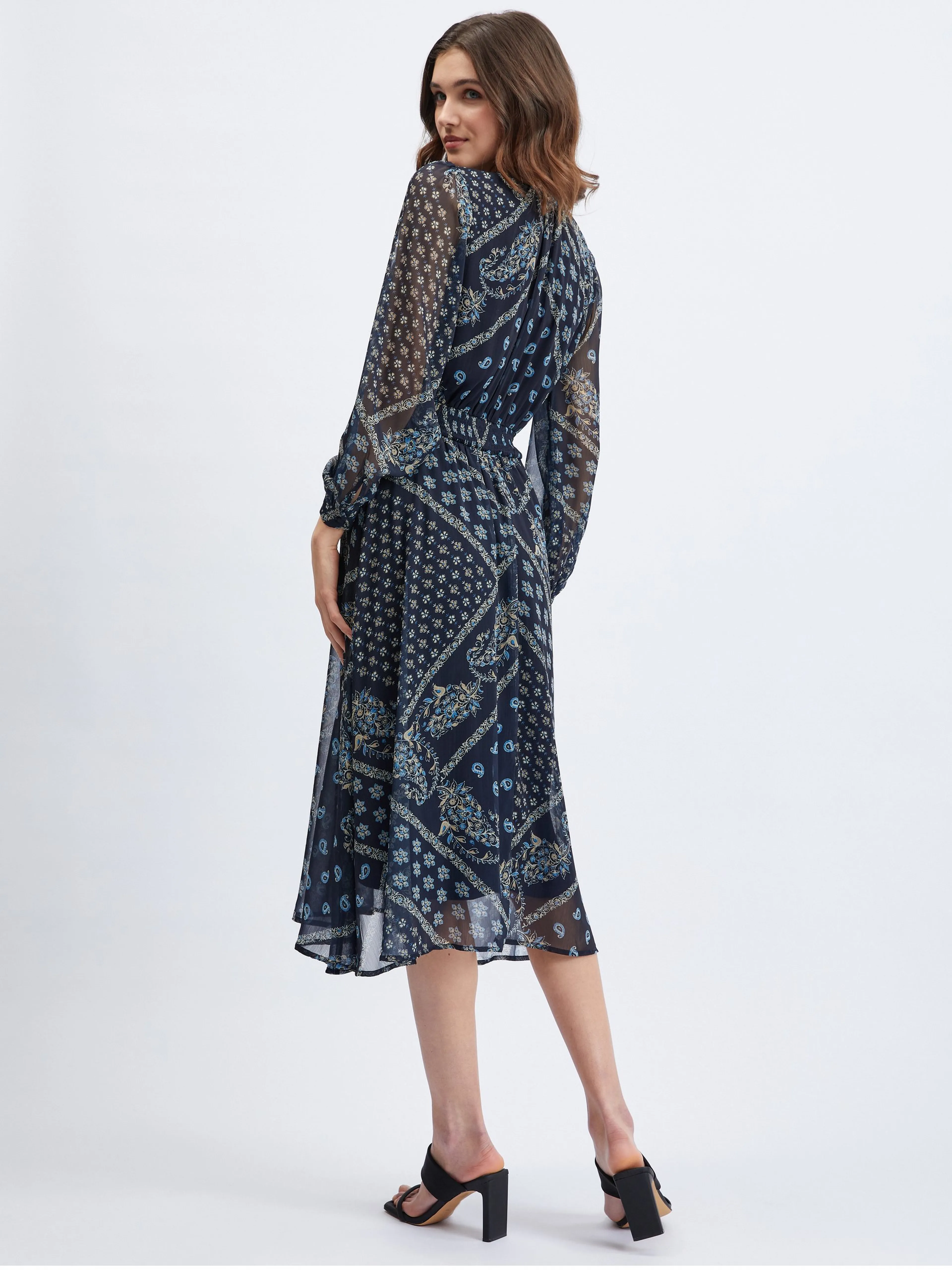 Dunkelblaues gemustertes Damen-Midikleid ORSAY