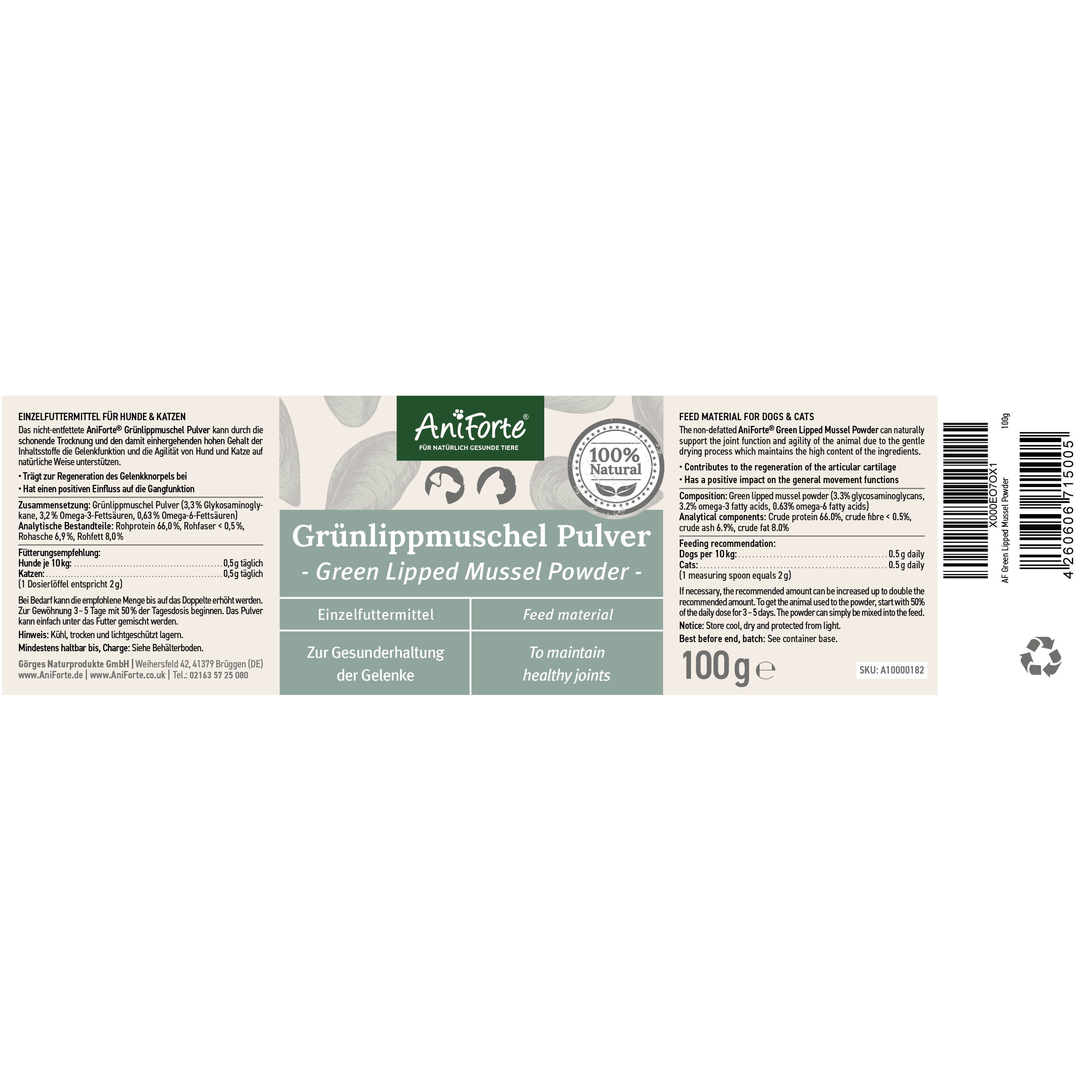 Aniforte Ergänzungsfutter & Aufzucht Aniforte Grünlippmuschelpulver Vollfettqualität 100 g