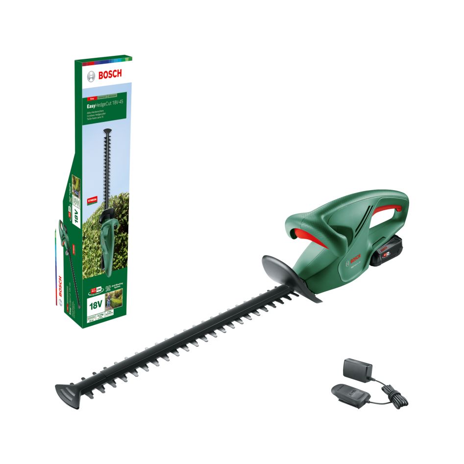 Tagliasiepi a batteria Bosch Green 0600849H02 EasyHedgeCut 18-45 con 1 batteria da 18 V 2,0 Ah e caricabatterie AL1810CV