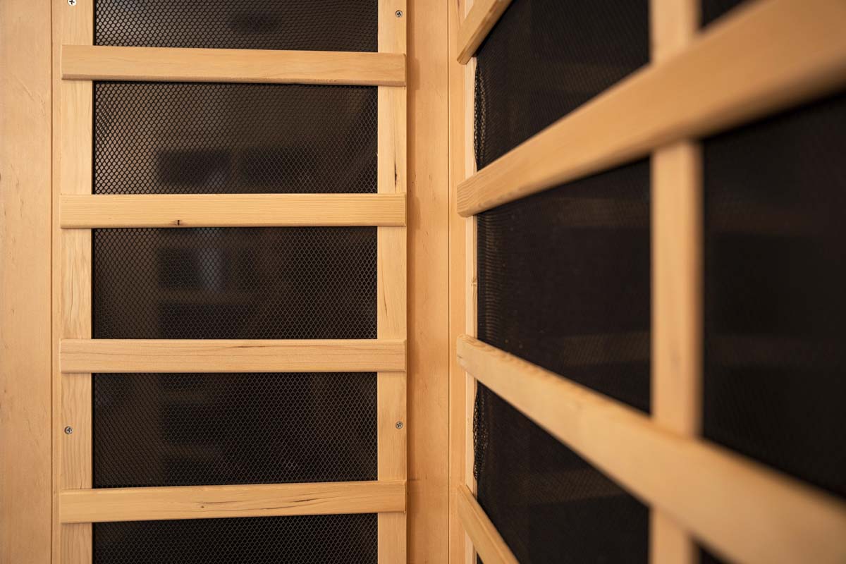 PureHaven Infrarotkabine 150x110x195 cm aus kanadischem Hemlock-Holz Bluetooth-Soundsystem Timer Lichttherapie in 4 Farben digitale Steuerung