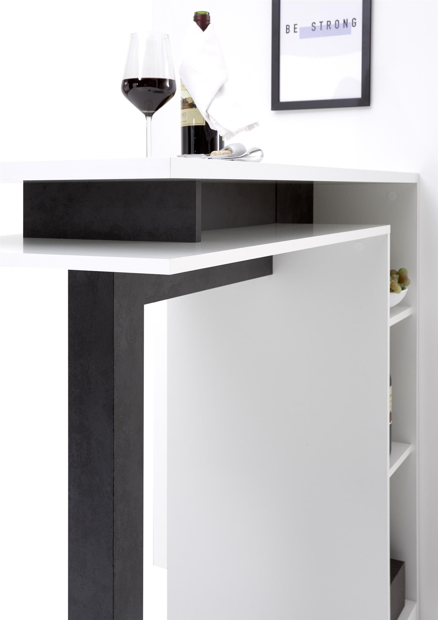 möbelando Bartisch Billa, Moderner Bartisch aus Spanplatte in Weiß, Absetzungen in Beton dunkel Nachbildung mit 6 Ablageflächen. Breite 108 cm, Höhe 103 cm, Tiefe 50 cm