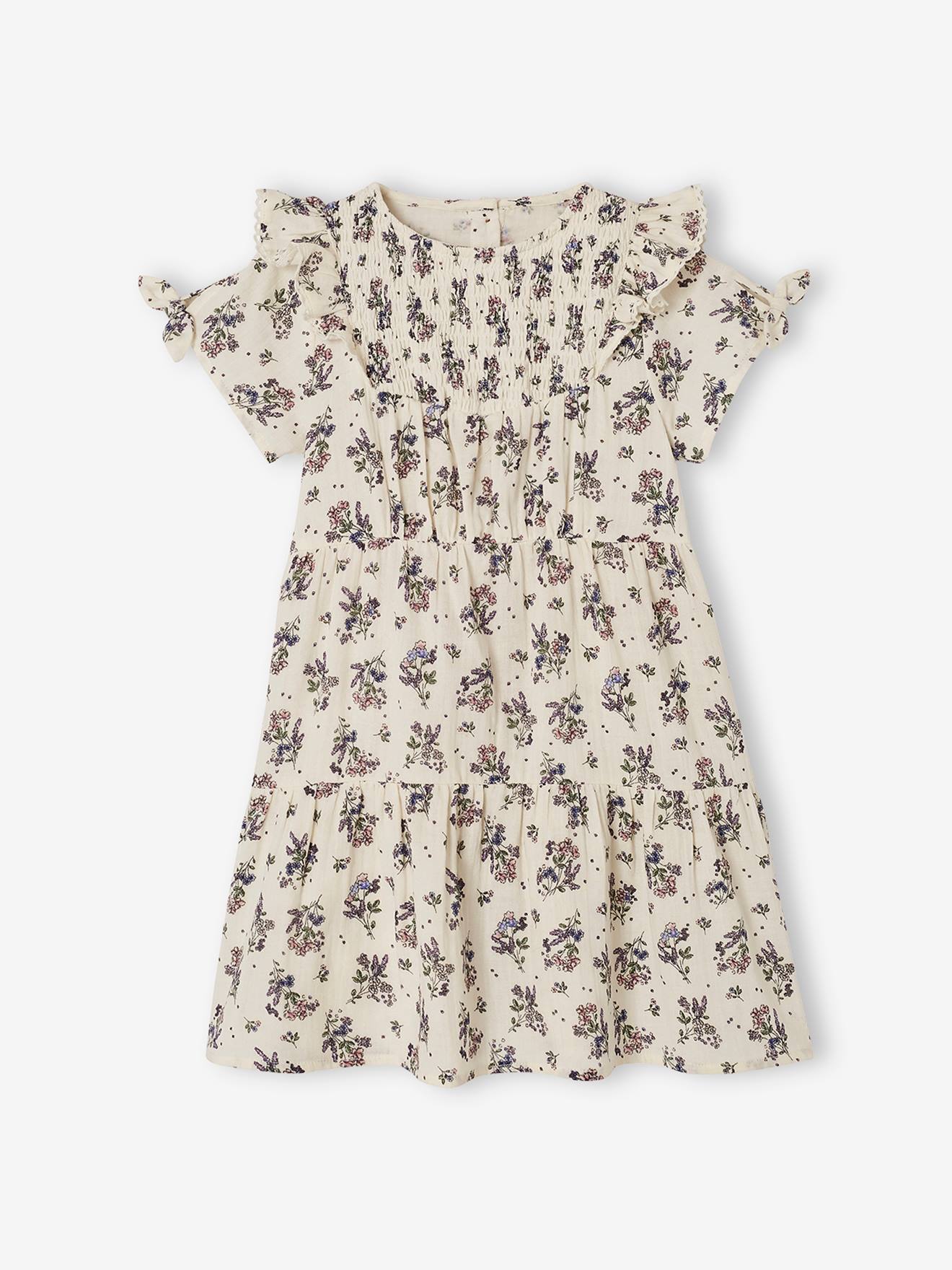 Robe à smocks motifs fleurs fille beige imprimé