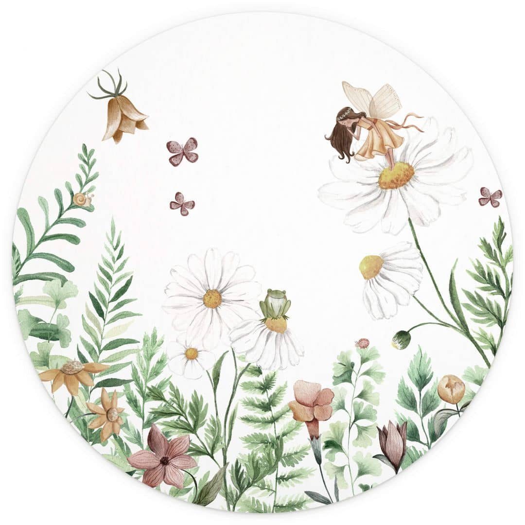 K&L Wall Art Fototapete Fototapete Baby Kinderzimmer Blumen Elfe Blumenwiese Vliestapete rund, große Kinder Motivtapete