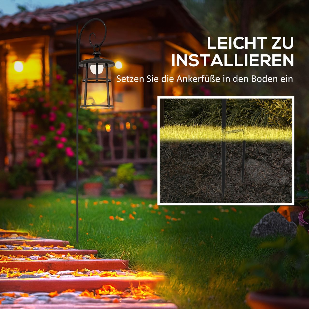 Outsunny Solar Gartenlaterne 122cm LED Gartenlampe mit Kaltweiß Licht für Außen