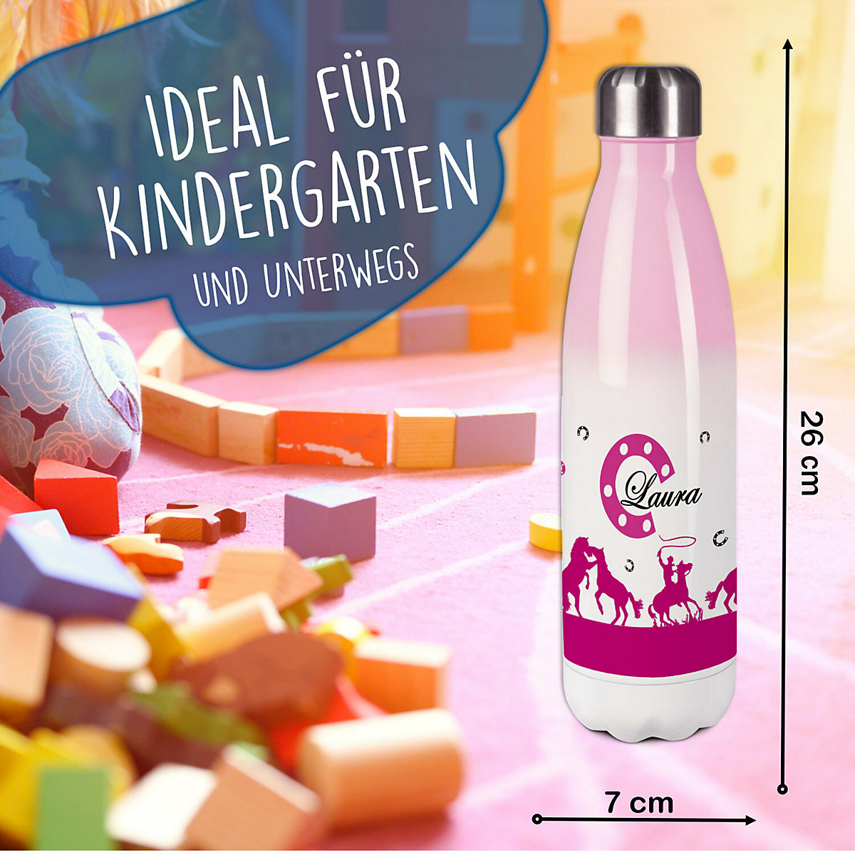 Edelstahl Kinder Thermoflasche / Trinkflasche bunt Cowboy Pferde Farbe pink Spülmaschinenfest, Auslaufsicher, Bruchfest, Doppelwandig, Für Heißgetränke geeignet, Mit Deckel, Isoliert