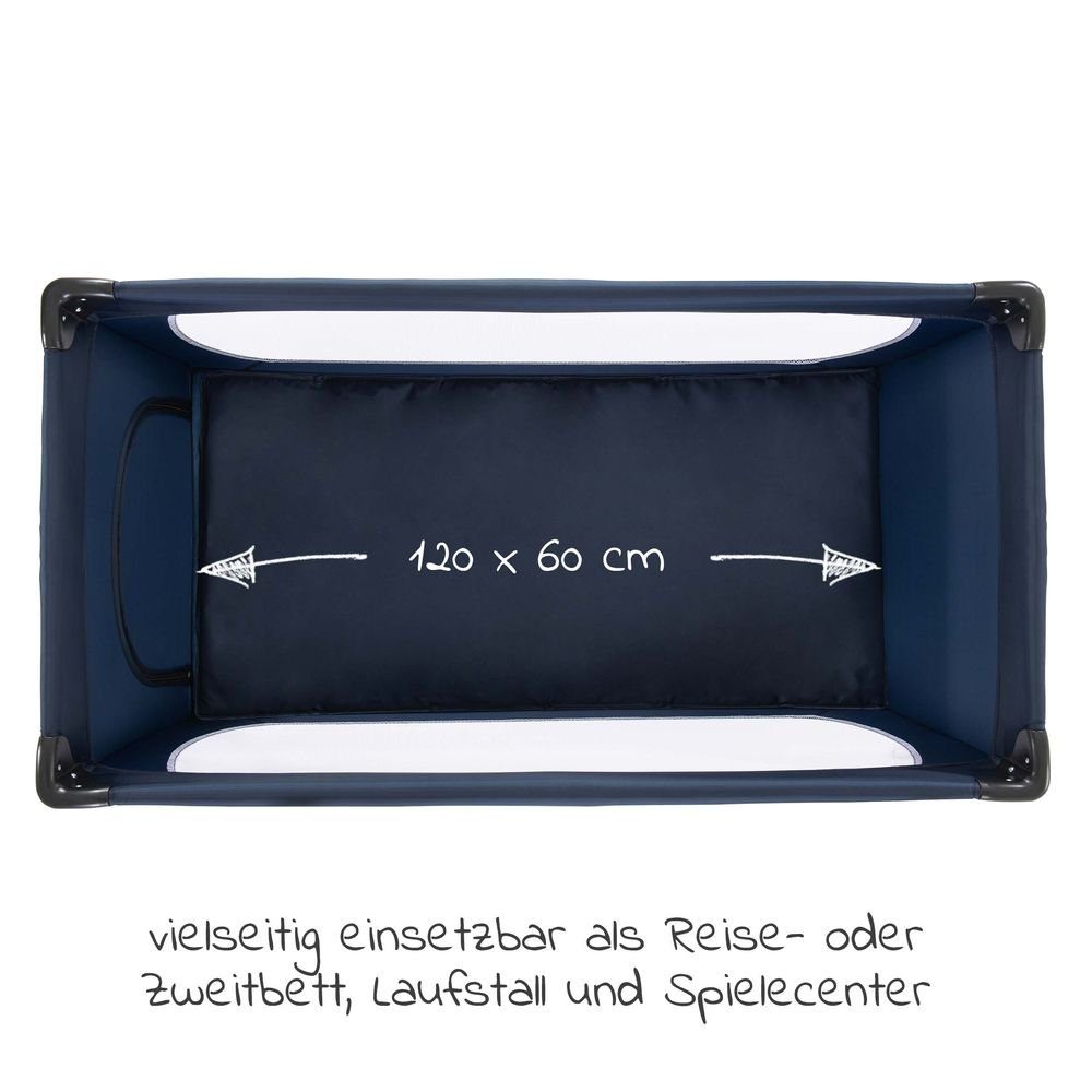 Hauck Baby-Reisebett Dream'n Play Plus - Navy, Baby Kinder Reisebett mit Matratze, 2 Spannbettlaken & Insektenschutz