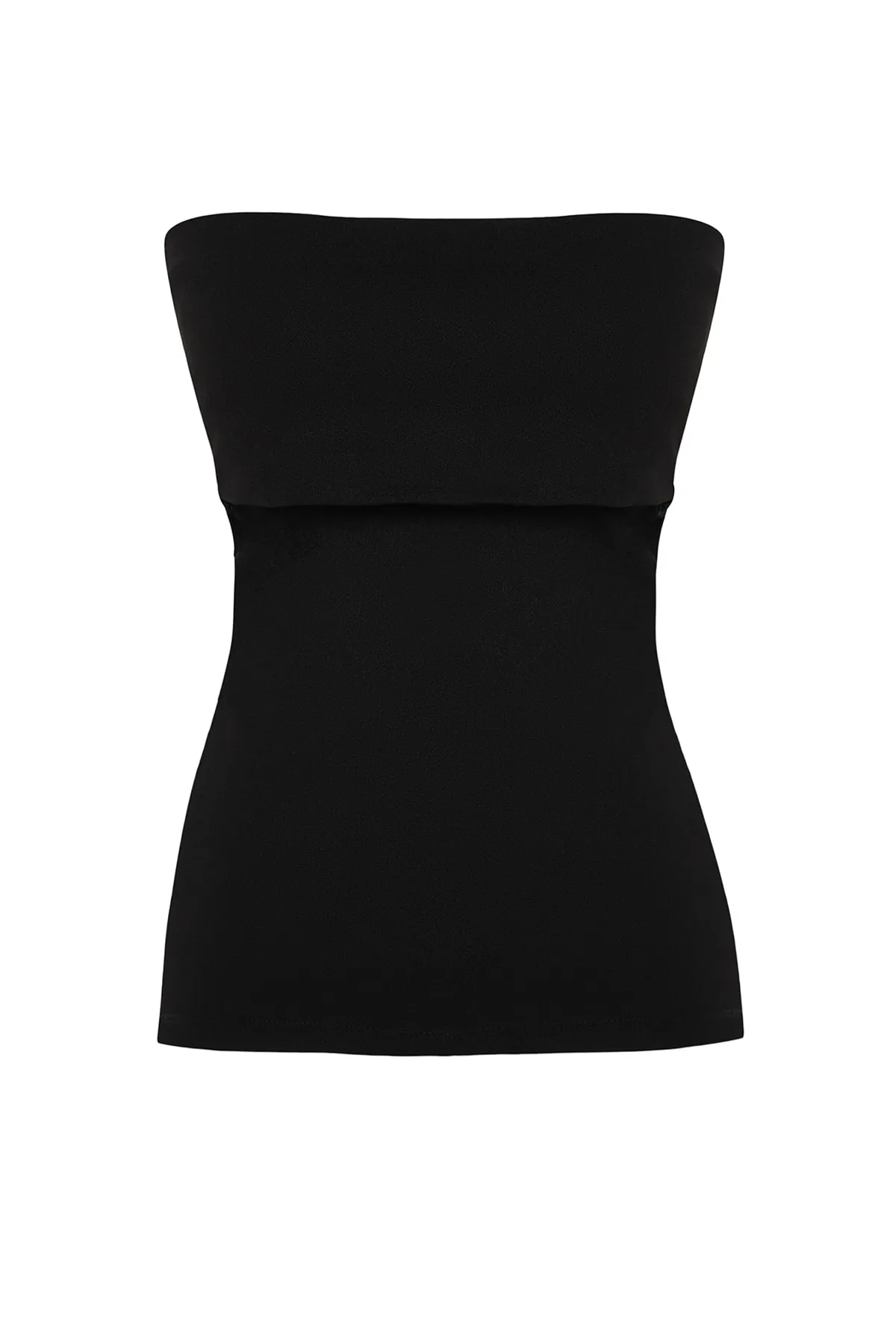 Trendyol Collection  Schwarze Krepp-Strickbluse mit trägerlosem Kragen und seitlichem Reißverschluss TWOSS23BZ00928