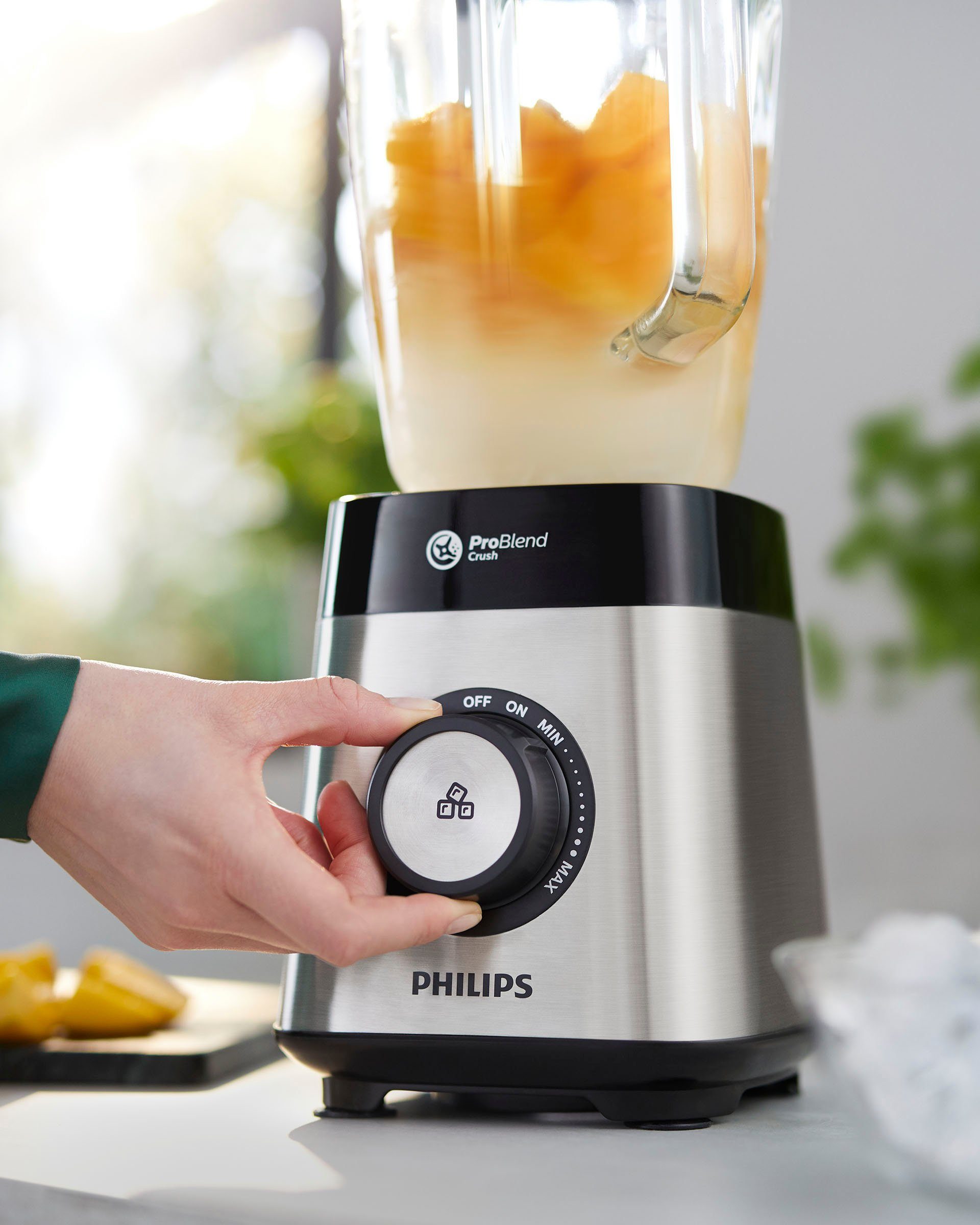 Philips Standmixer HR3573/90, 1000 W, 27.000 U/Min. und 1,5l Volumen, inkl. Glasbehälter mit Trinkaufsatz