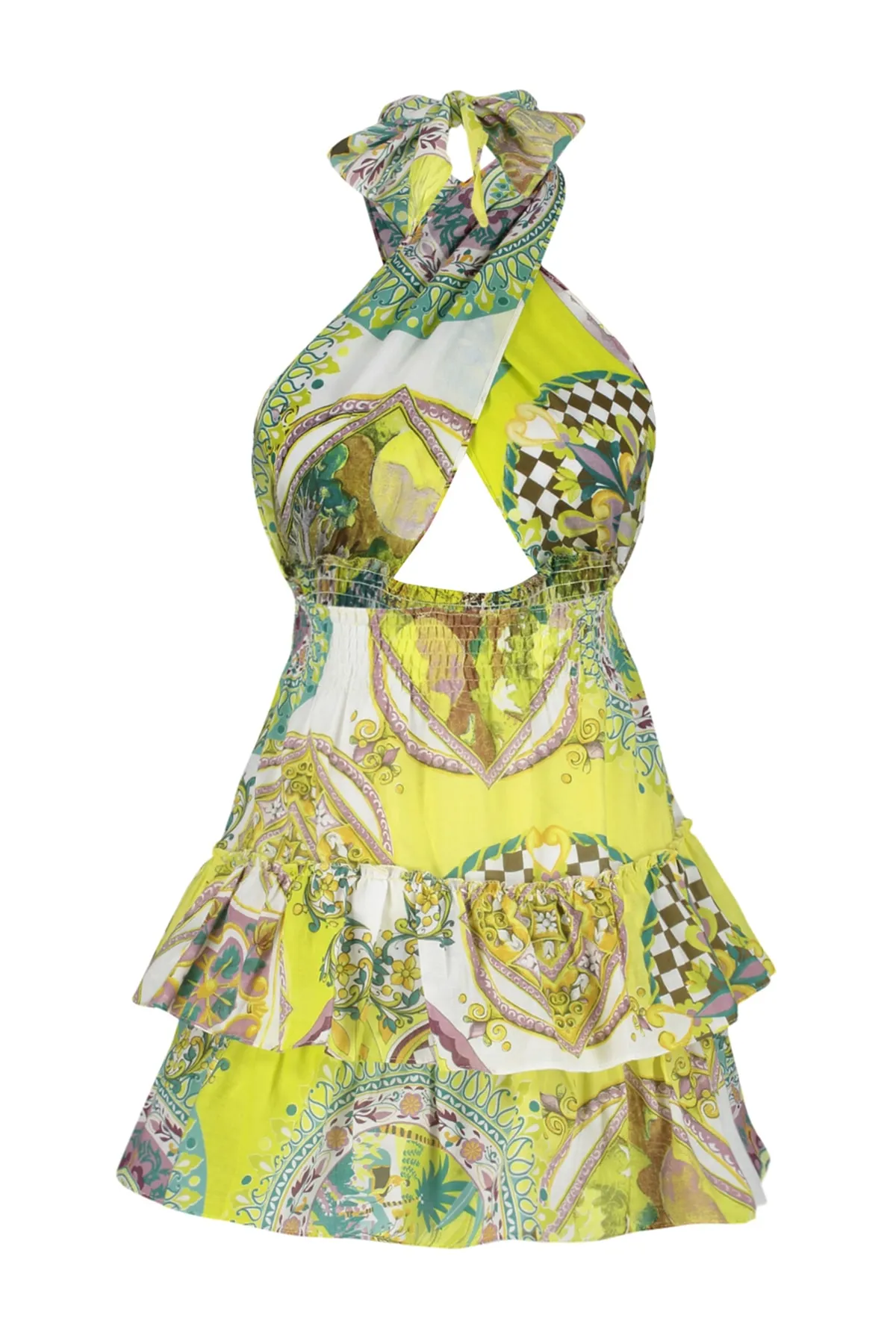 Trendyol Collection  Gemustertes Mini-Strandkleid aus 100 % Baumwolle mit gewebten Rüschen TBESS23EL00247