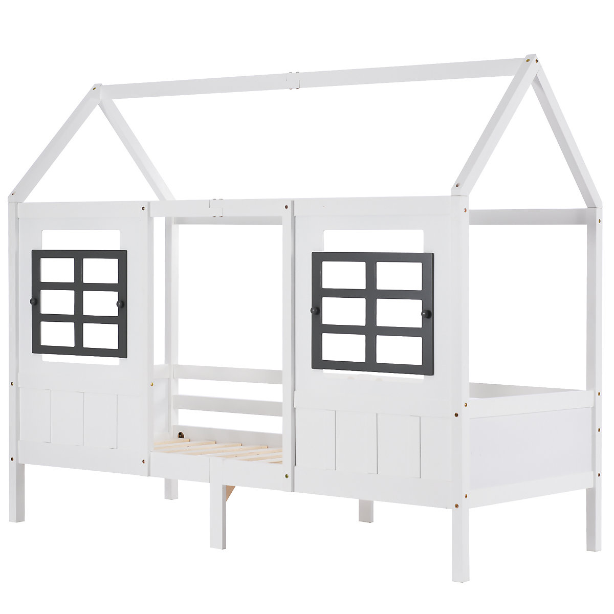 Hausbett 90x200 cm mit Rausfallschutz und Fenstern, Kinderbett Kiefer