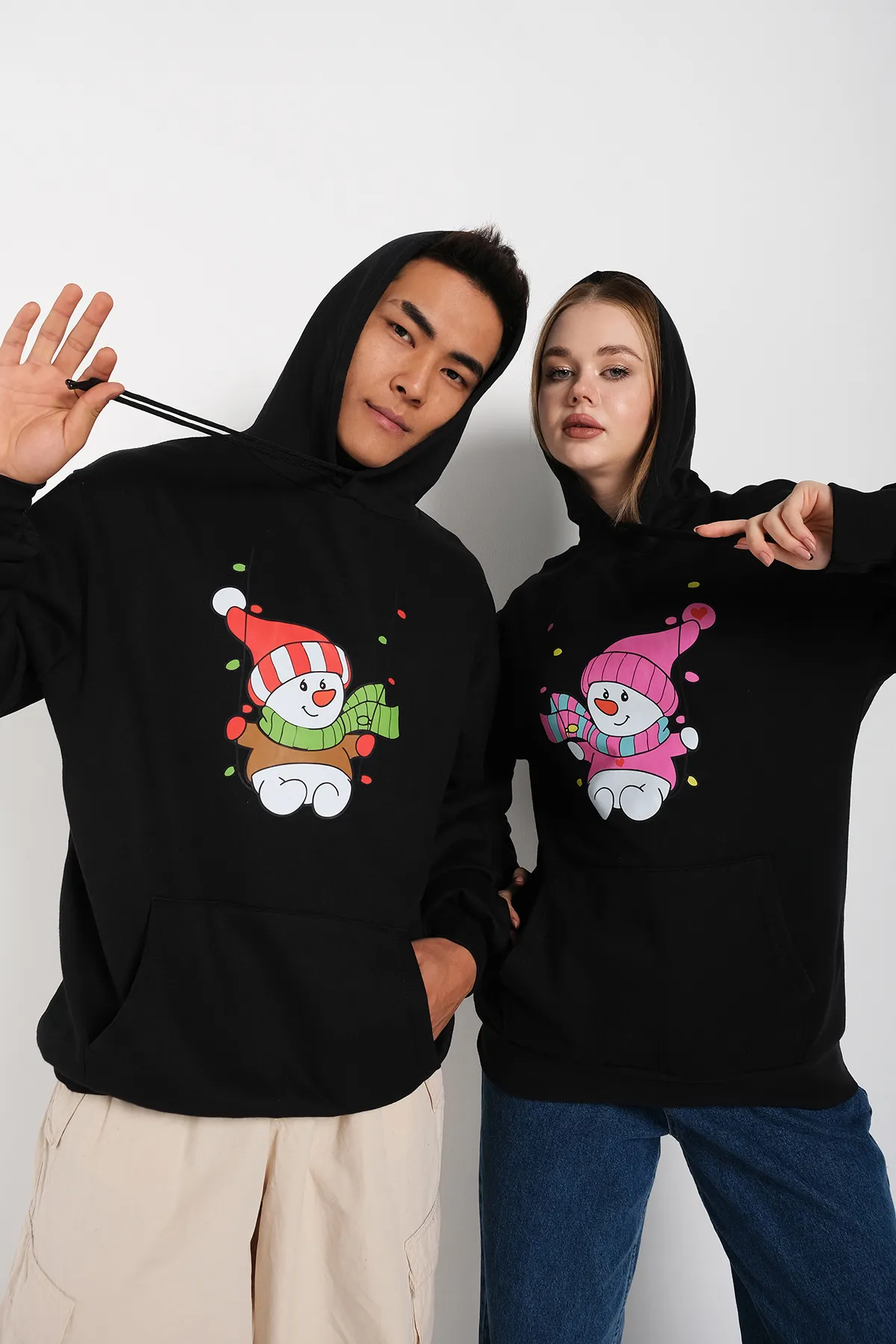 Know  Schwarzer Unisex-Sweatshirt mit doppeltem Neujahrs-Schneemann-Aufdruck, Oversize-Kapuzenpullover