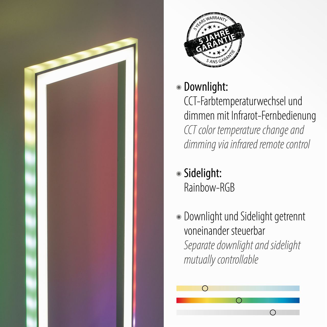 JUST LIGHT LeuchtenDirekt LED Stehleuchte FELIX60, Fronlight: CCT, Sidlight: RGB, dimmbar, IR-Fernbedienung, IP20