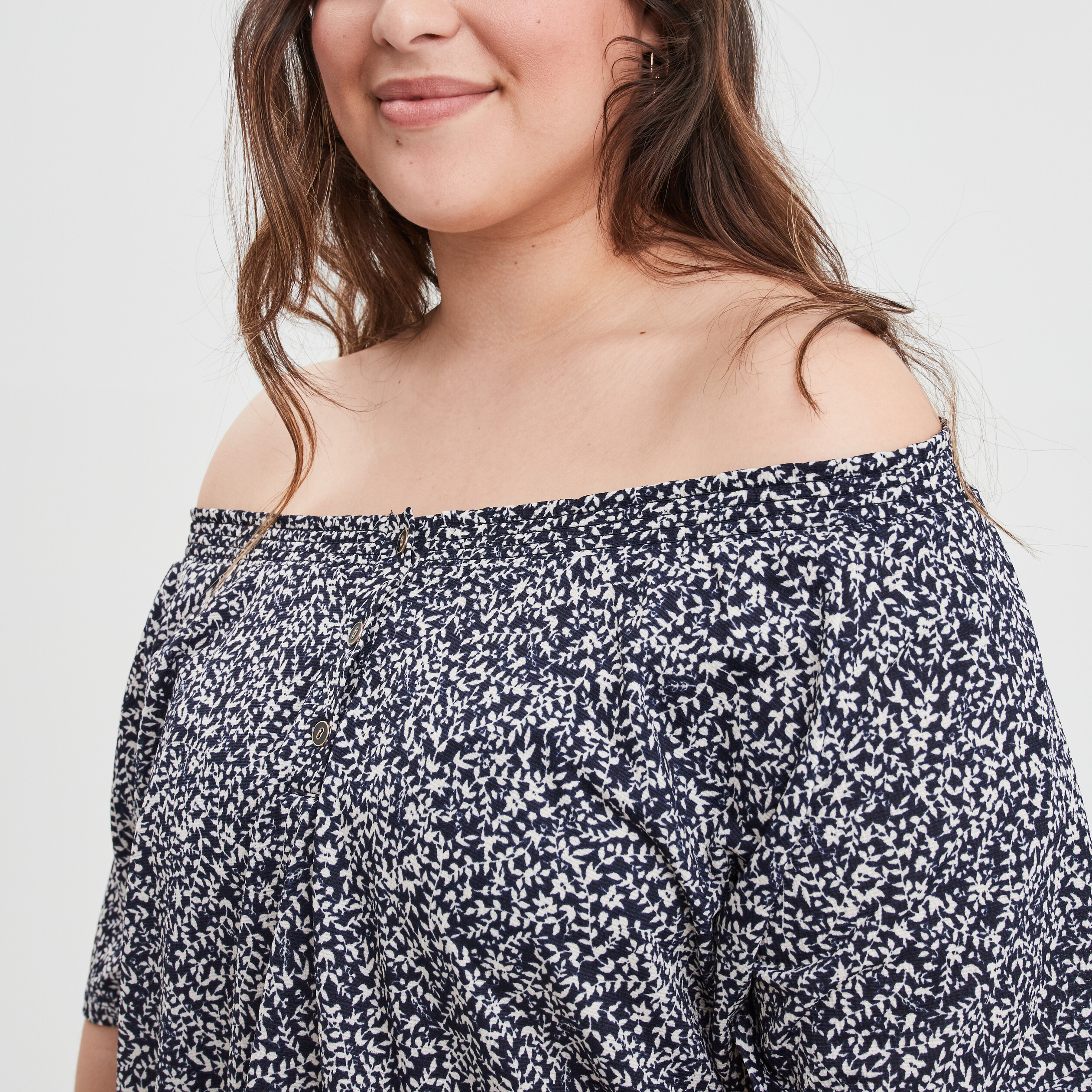 T-shirt col smocké manches courtes bleu marine femme grande taille | La Halle