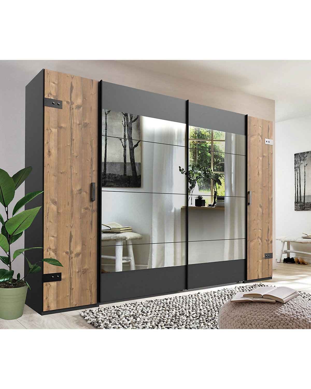Schwebetürenschrank Stockholm 270x65x210cm Kleiderschrank Spiegel graphit silver fir Industriedesign