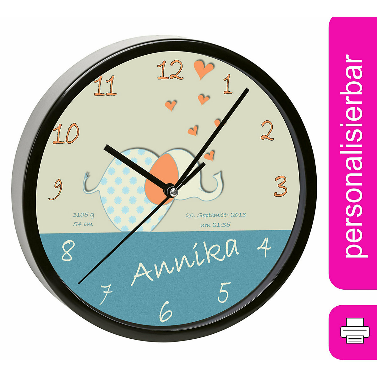 Kinder Wanduhr personalisiert mit Name Elefant orange blau