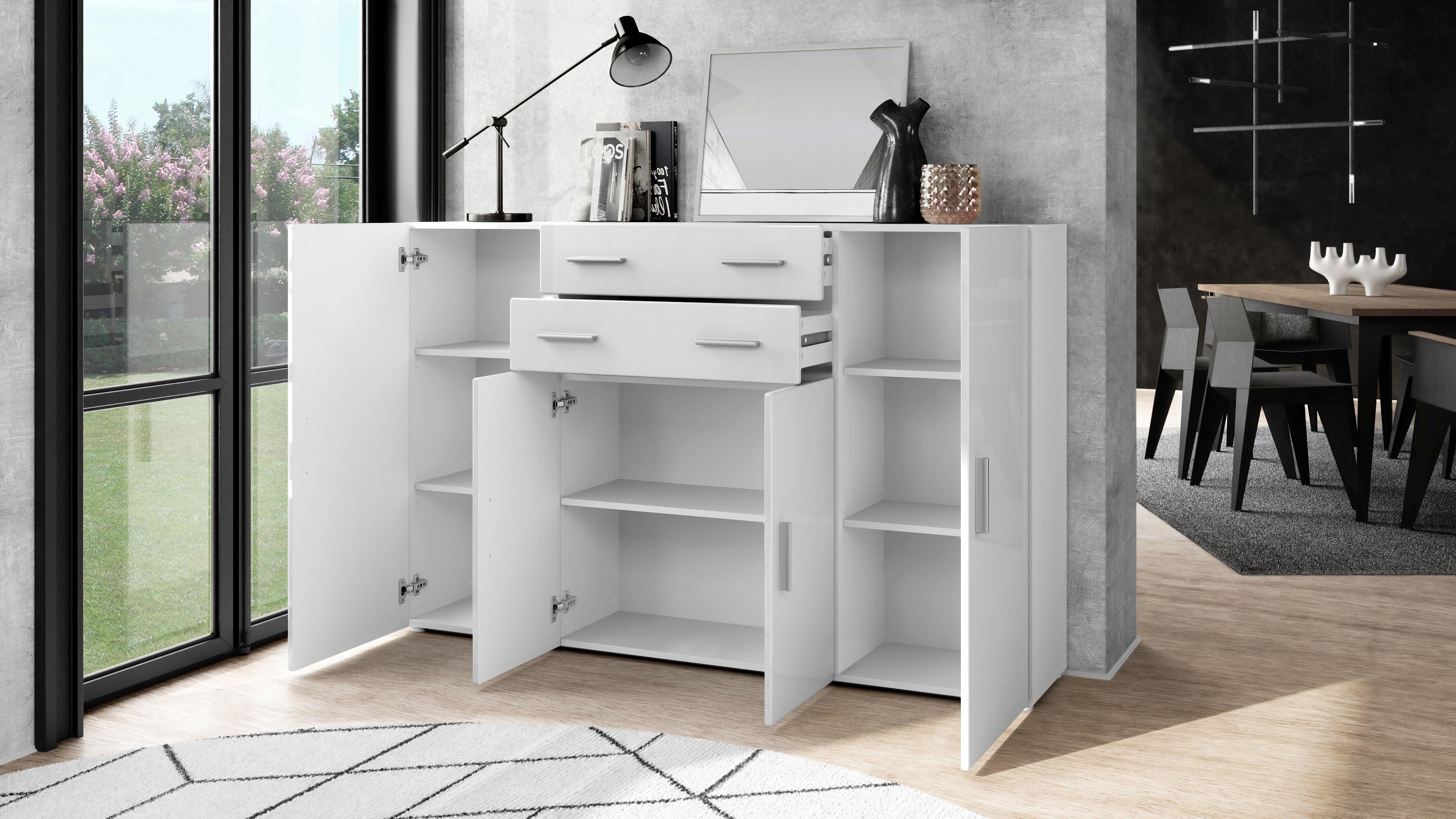 Vladon Highboard Aron (Anrichte, mit 4 Türen und 2 Schubladen), Weiß matt/Avola-Anthrazit (166,5 x 106,5 x 35 cm)
