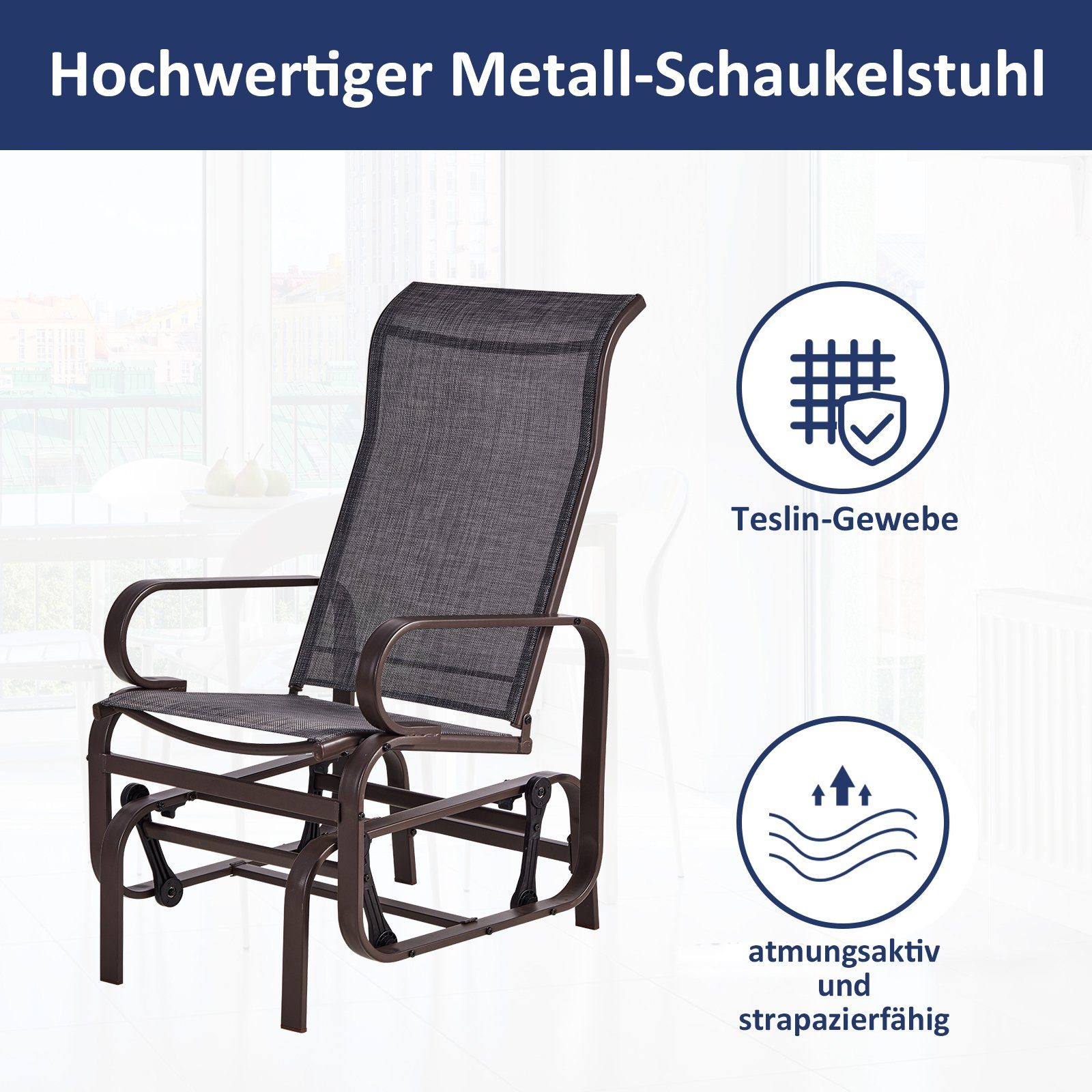 KAHOO Schaukelstuhl Sonnenliege mit Arm- & Rücklehne, 1-Sitz, bis 180kg, Metall