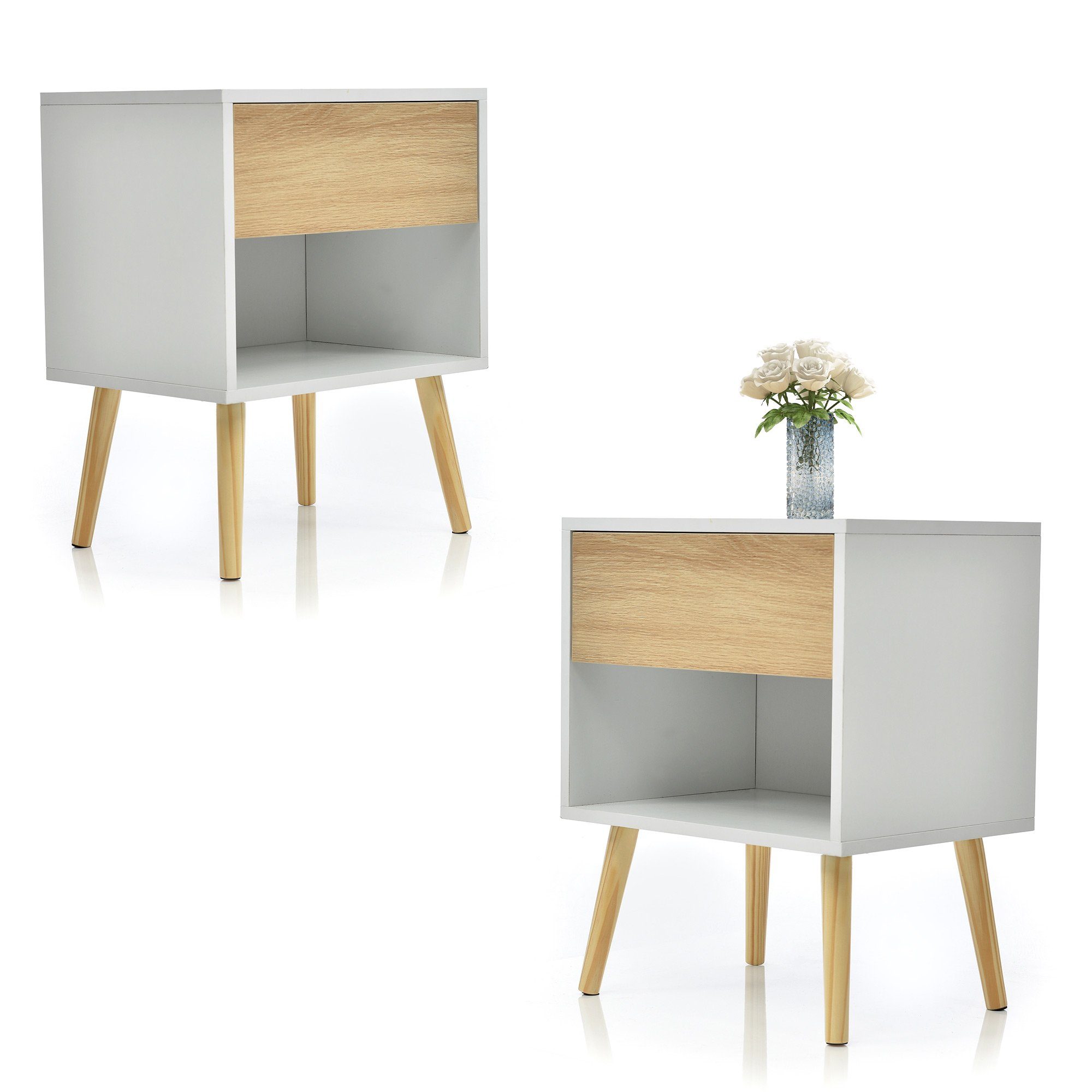 Powerwill Nachttisch 2er Set Massivholz Nachttisch Nachtschrank Beistelltisch (2-St., Holz Beistelltisch Nachtkommode Massivholzfüßen), Nachttischkommode mit Schubladen, für Bett und Schlafzimmer