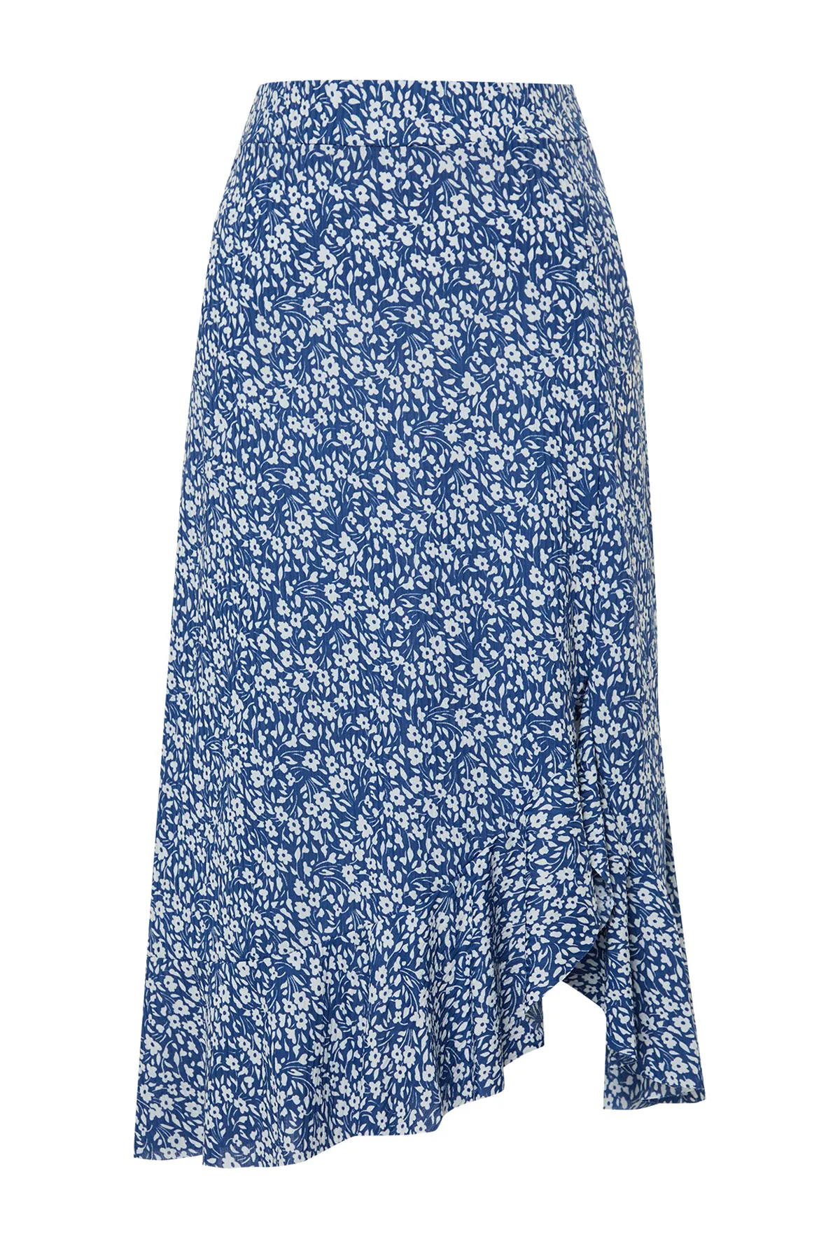 Trendyol Collection  Blau bedruckter High Waist Midi Stretch Strickrock mit Raffung und Volant TWOSS21ET0029