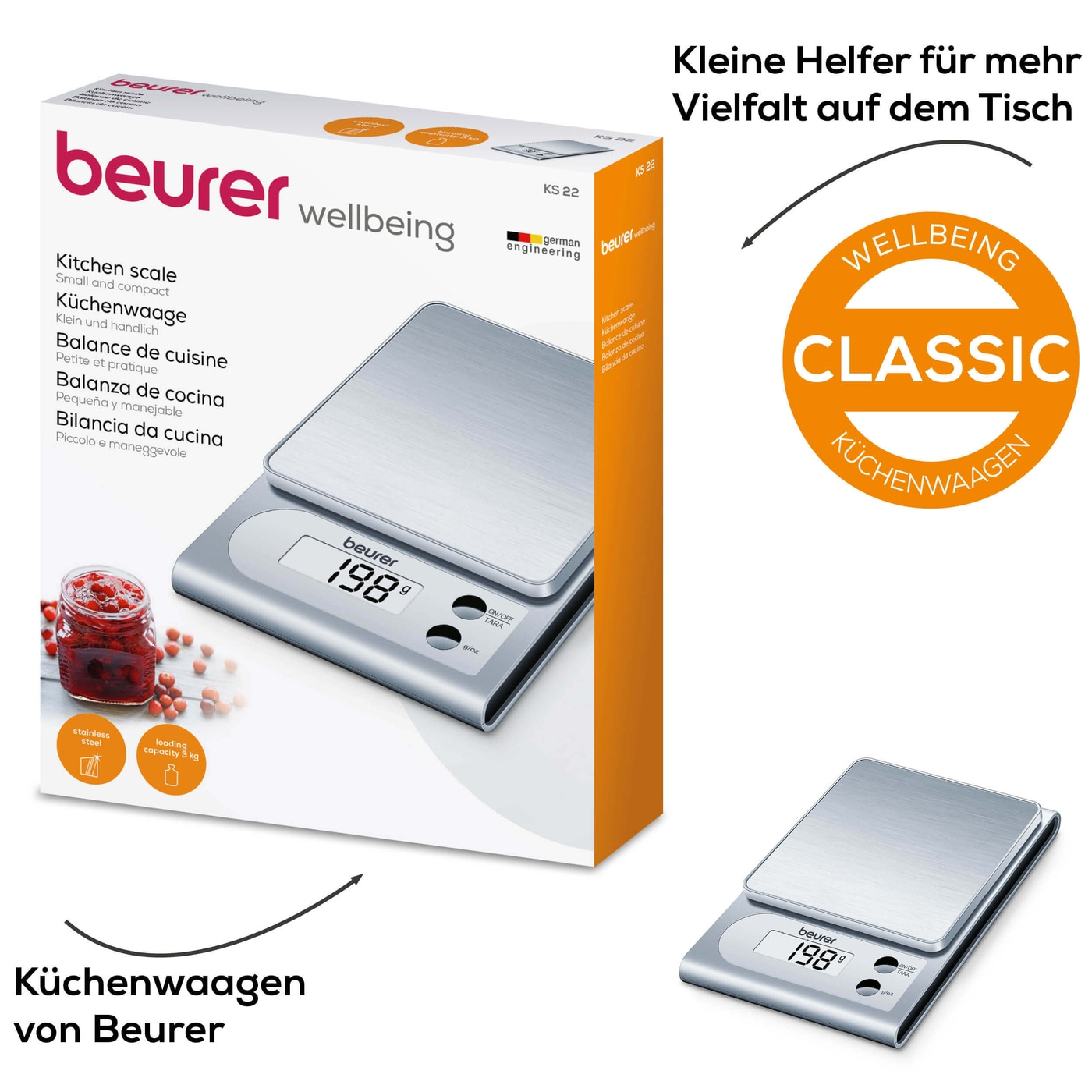 Beurer Küchenwaage - KS 22-Kleine edle Küchenwaage mit Edelstahlwiegefläche & Tarafunktion