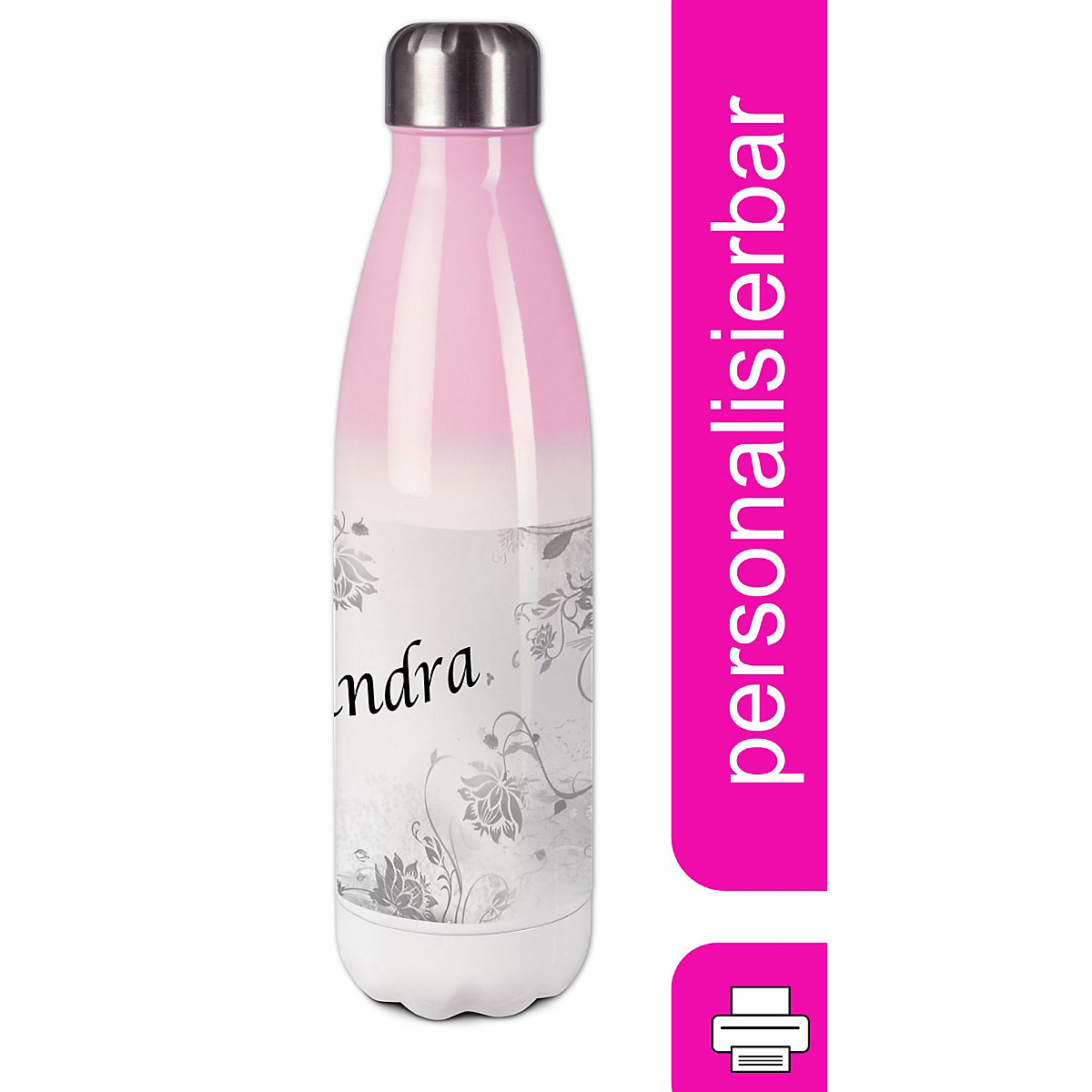 Edelstahl Kinder Thermoflasche / Trinkflasche bunt Blumenranke Farbe grau Spülmaschinenfest, Auslaufsicher, Bruchfest, Doppelwandig, Für Heißgetränke geeignet, Mit Deckel, Isoliert