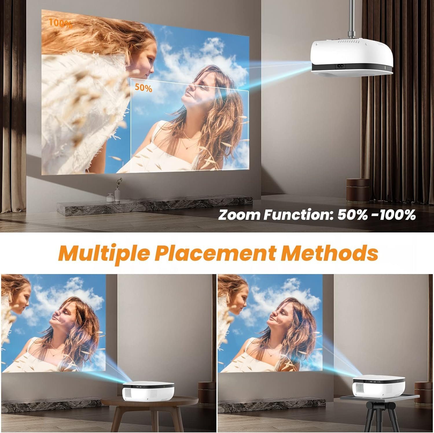 TOPVISION Heimkino Beamer Unterstützung Full HD [Bildschirm Inklusive] Video Portabler Projektor (7500 lm, 6000:1, 1920 x 1080P px, kompatibel mit Smartphone/TV-Stick/PS5/PC/Laptop, usb)