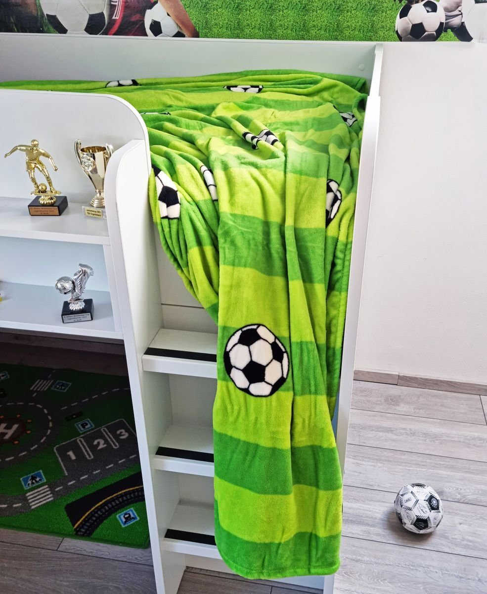 Kinderdecke Fußball Coral Fleecedecke 150x200cm Kuscheldecke Kinder Decke Fleece, JACK, Fußballfeld Grün gestreift