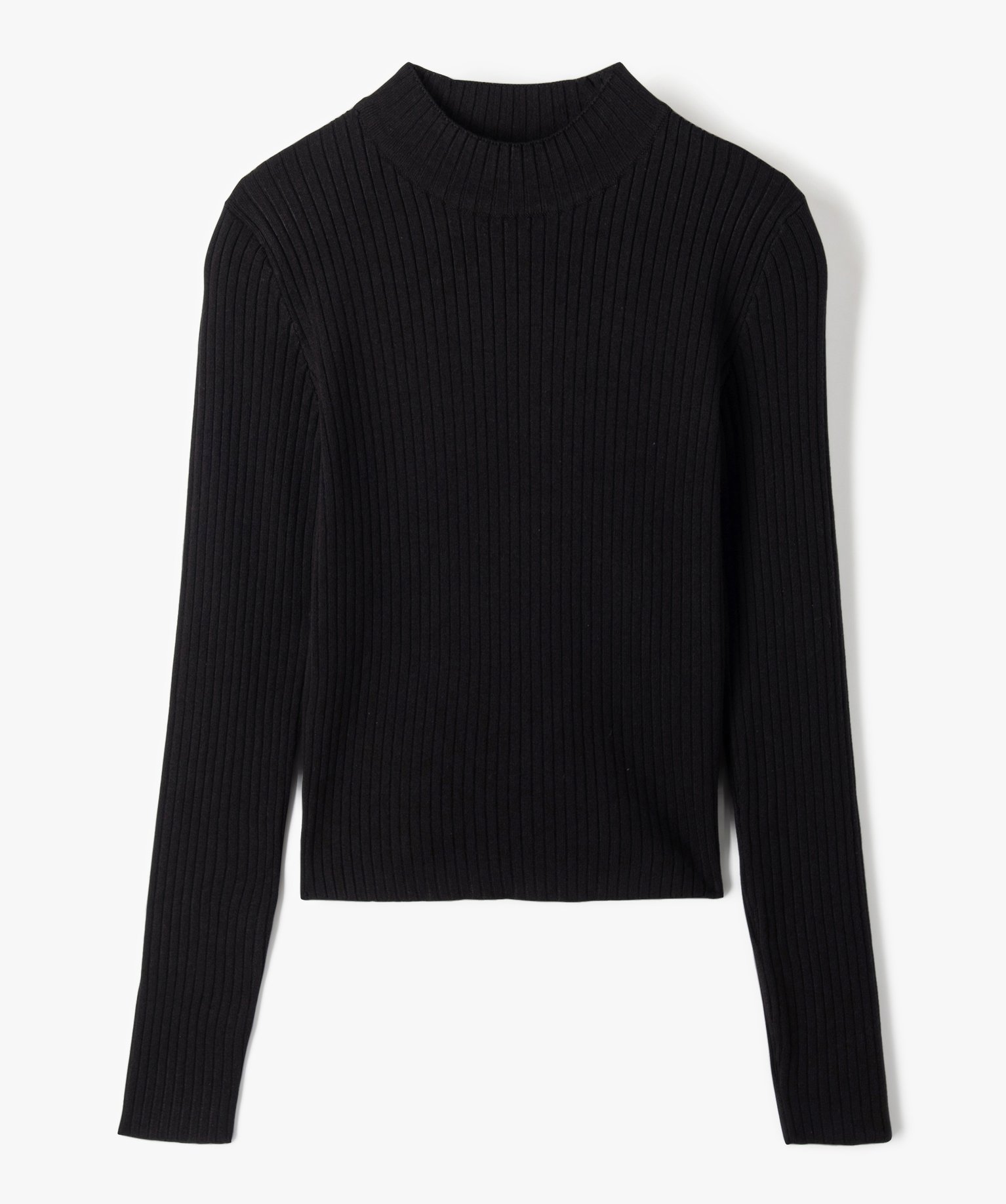 Pull fille court à col cheminée en maille ctelée noir | GEMO