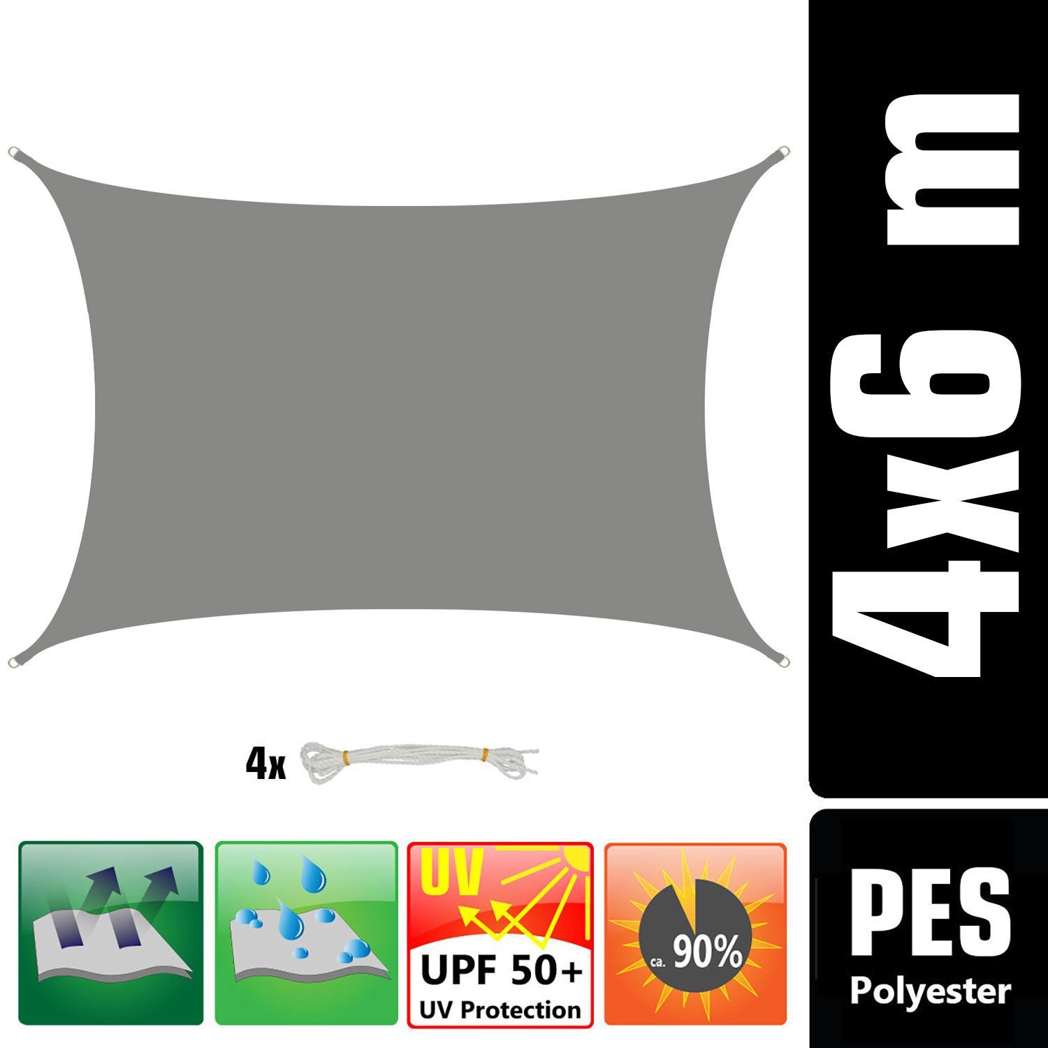 AMANKA Sonnensegel UV Sonnensegel Wasserdicht 6x4 - Rechteckig Grau, Sonnenschutz Garten Terrasse
