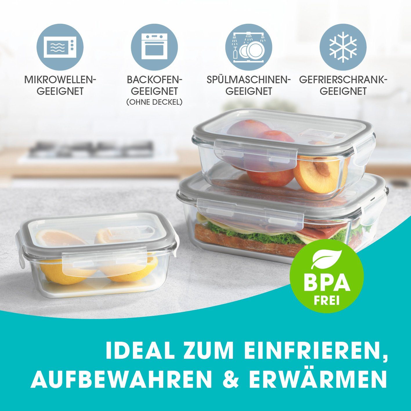 GOURMETmaxx Frischhaltedose Glas Klick-it mit Mikrowellen-Ventil 6-teilig grau, (6-tlg)