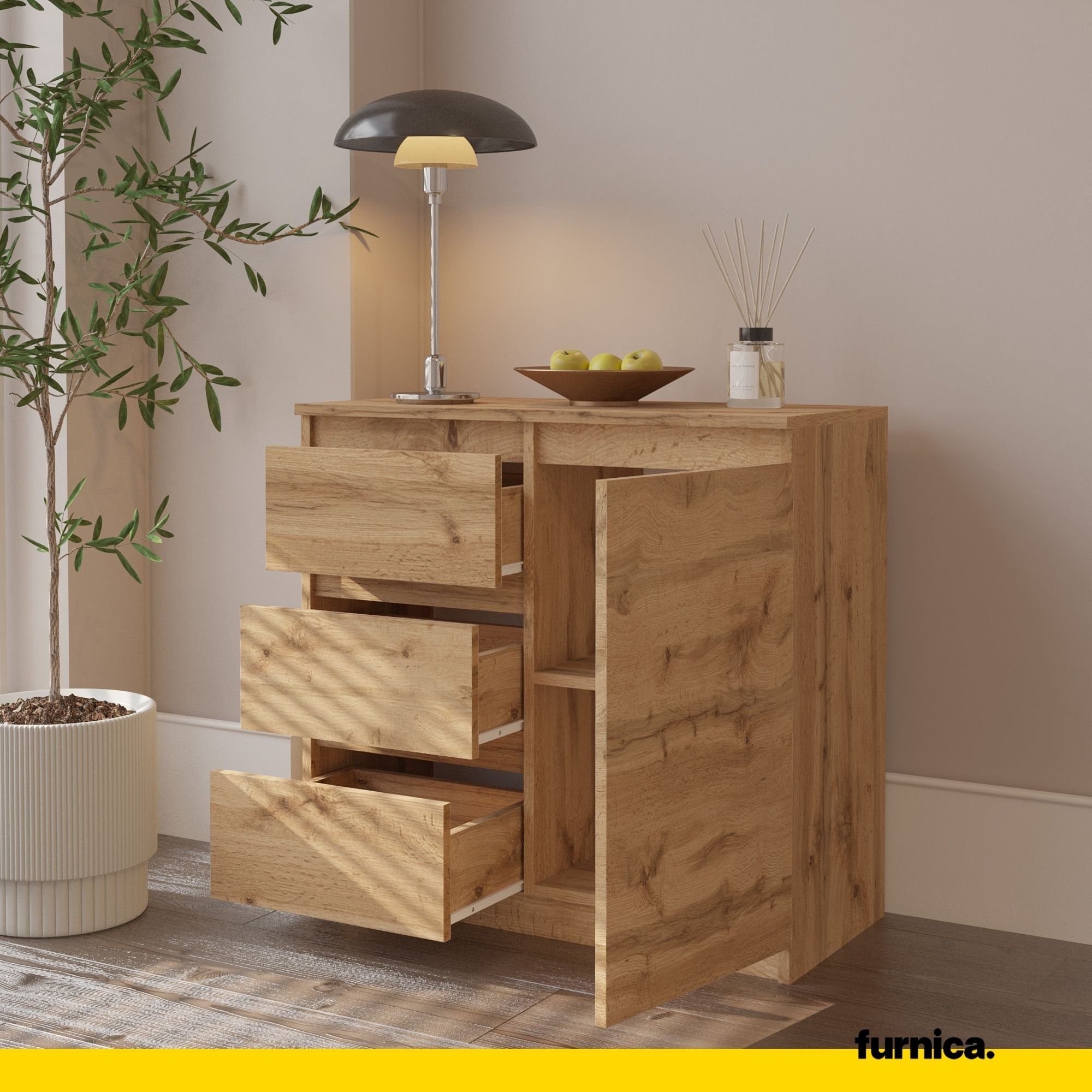 Furnica Kommode MIKEL, 3 Schubladen und 1 Tür - Votan Eiche H75cm B80cm T35cm (1 St)