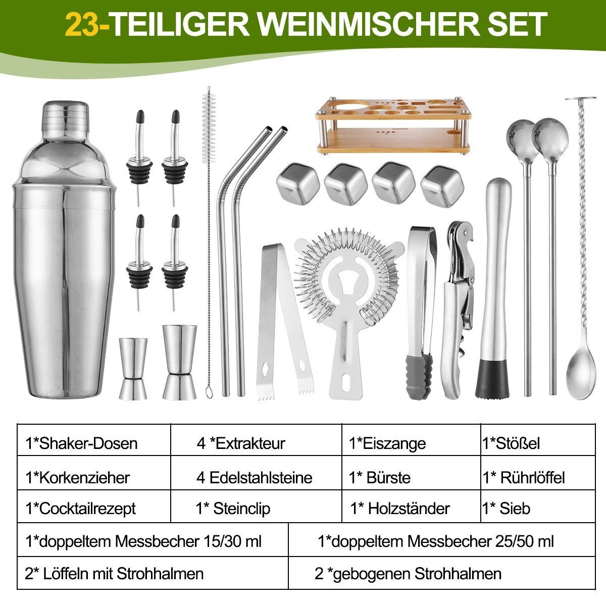 DOPWii Cocktail Shaker 750ML 23 Teiliges Edelstahl Barkeeper Kit