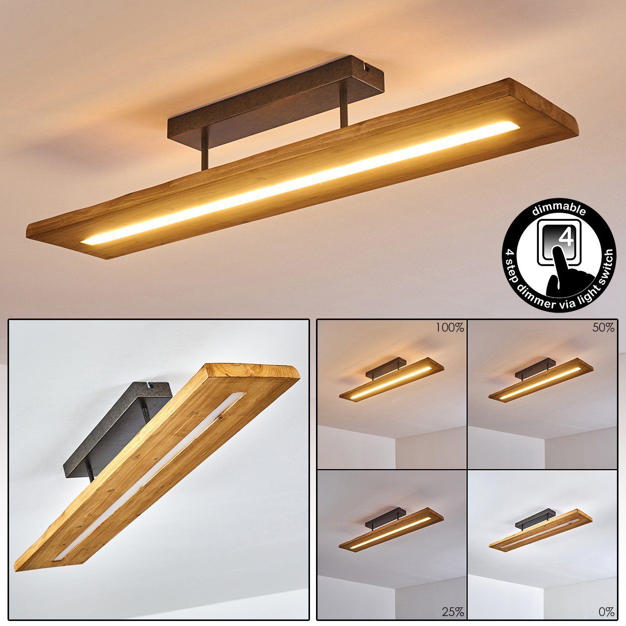 hofstein Deckenleuchte Volano dimmbare Deckenlampe aus dunklem Holz und Metall, Dunkelgrau, 3000 Kelvin, 3000 Lumen, moderne Zimmerlampe, dimmbar über den Lichtschalter