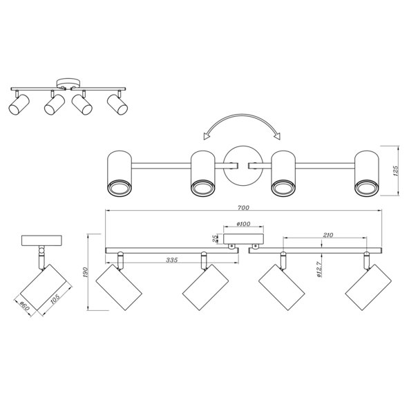 Deckenstrahler Robert, 4er-Spot, nickel matt/chrom