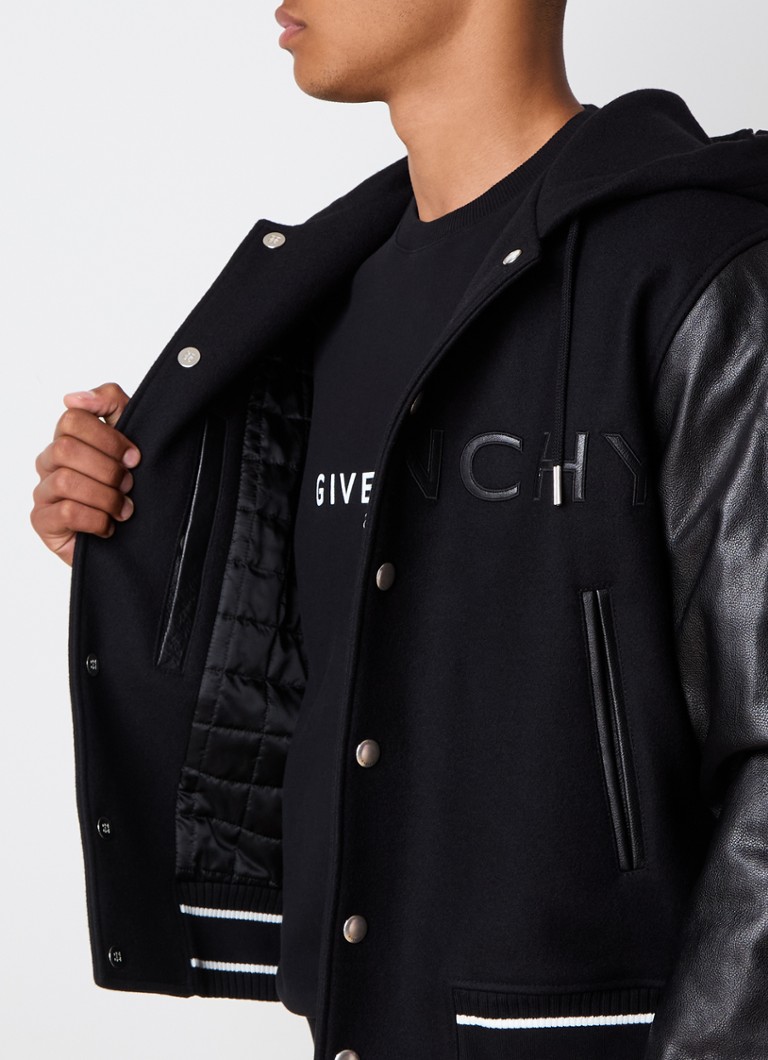 Τζάκετ μπέιζμπολ Givenchy από μείγμα μαλλιού shearling με λεπτομέρειες από δέρμα μοσχαριού και κουκούλα