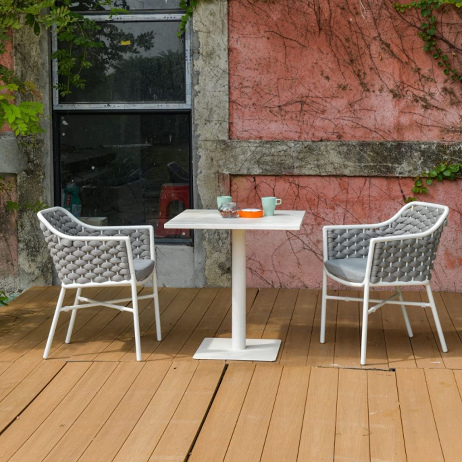 OKA Rattanstuhl Gartenstuhl-Set mit 2 Stück 58x57x79 cm, Mit Kordelgeflecht und weichem Sitzkissen, Edelstahlgestell