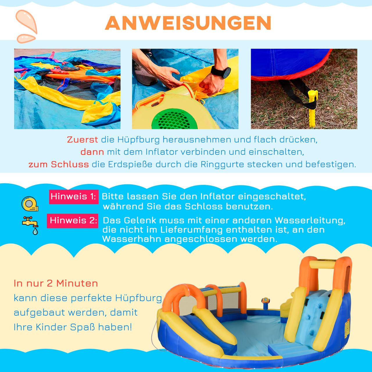 Outsunny Aufblasbare Hüpfburg 5 in 1 Wasserpark mit Gebläse, Tasche, Flicken