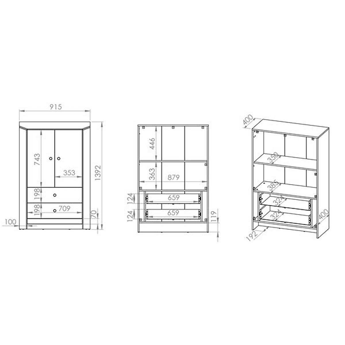Jugendzimmer-Set Terni 6-teilig mit Kleiderschrank, Stauraumschrank, Bett, Nachtkonsole, Wandboard und Schreibtisch